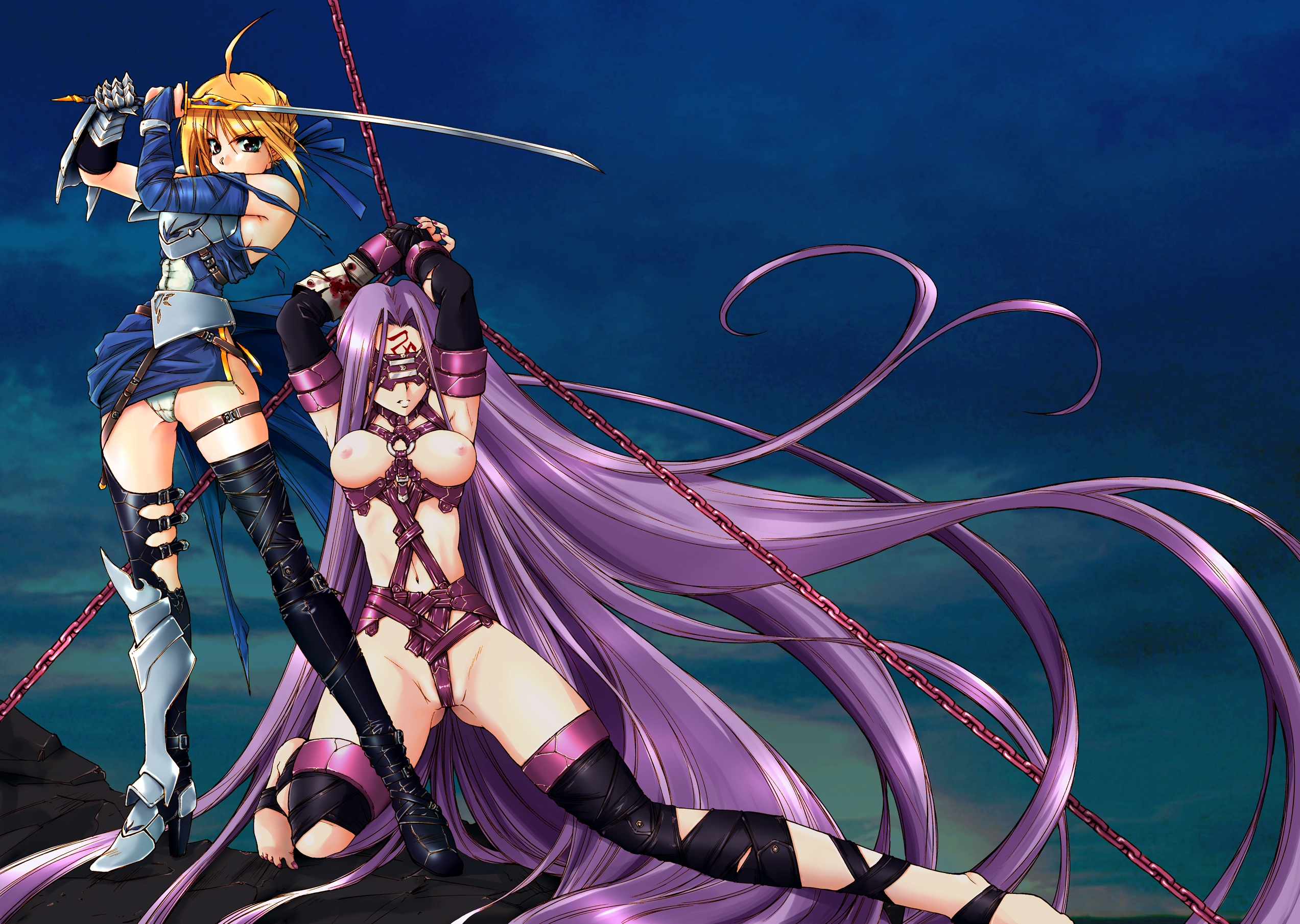 onaya masakazu, artoria pendragon (fate), medusa (fate), medusa (rider) (fate), saber (fate), fate/hollow ataraxia, fate/stay night, fate (series), french braid, highres, 00s, 2girls, adapted costume, ahoge, armor, armored dress, armpits, arms up, bare shoulders, barefoot, bdsm, belt, blindfold, blonde hair, blood, blue dress, bondage, bondage outfit, boots, bound, braid, breast bondage, breasts, breasts out, bridal gauntlets, chain, collar, colored blindfold, detached sleeves, dress, elbow gloves, facial mark, fingerless gloves, forehead mark, full body, gauntlets, gloves, greaves, green eyes, groin, harness, high heels, holding, holding sword, holding weapon, katana, long hair, looking at viewer, mask, medium breasts, microdress, milestone celebration, multiple girls, nail polish, navel, nipples, panties, purple hair, purple nails, serious, shoes, short hair, sideboob, sidelocks, single gauntlet, single greave, slave, standing, strap, sword, thigh boots, thigh strap, thighhighs, underwear, v-shaped eyebrows, very long hair, weapon, white panties, wind