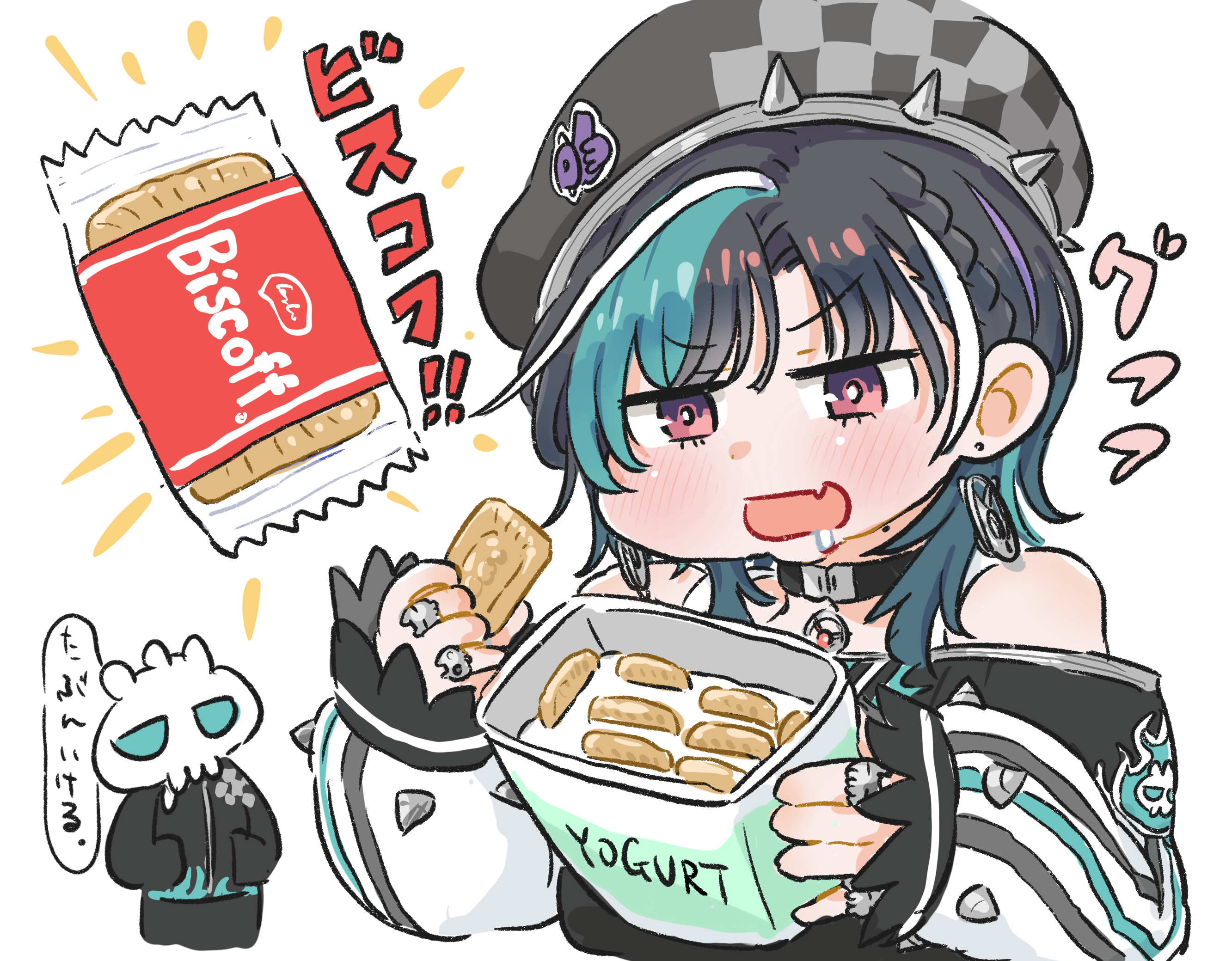 kono (konomi9a), rindo chihaya, rindo chihaya (1st costume), hololive, hololive dev is, highres, 1girl, aqua hair, beret, biscuit (bread), black choker, black dress, black hair, black hat, choker, dress, earrings, fang, food, hat, holding, holding food, jewelry, looking at viewer, medium hair, mole, mole on neck, red eyes, skin fang, solo, virtual youtuber, white streaks, yogurt