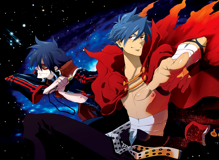 naritama saty, kamina (ttgl), simon (ttgl), tengen toppa gurren lagann, 00s, 2boys, aged up, bandages, blue hair, cape, drill, goggles, male focus, multiple boys, red eyes, sarashi, space