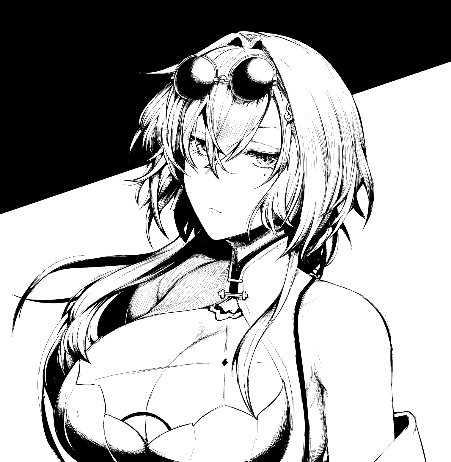 sadahiro (chicken nugget gyuuniku aji), harusame urame, aogiri koukou, commentary request, highres, 1girl, breasts, china, cleavage, cleavage cutout, closed mouth, clothing cutout, expressionless, eyewear on head, greyscale, hair intakes, large breasts, long hair, looking at viewer, monochrome, solo, sunglasses, upper body, virtual youtuber