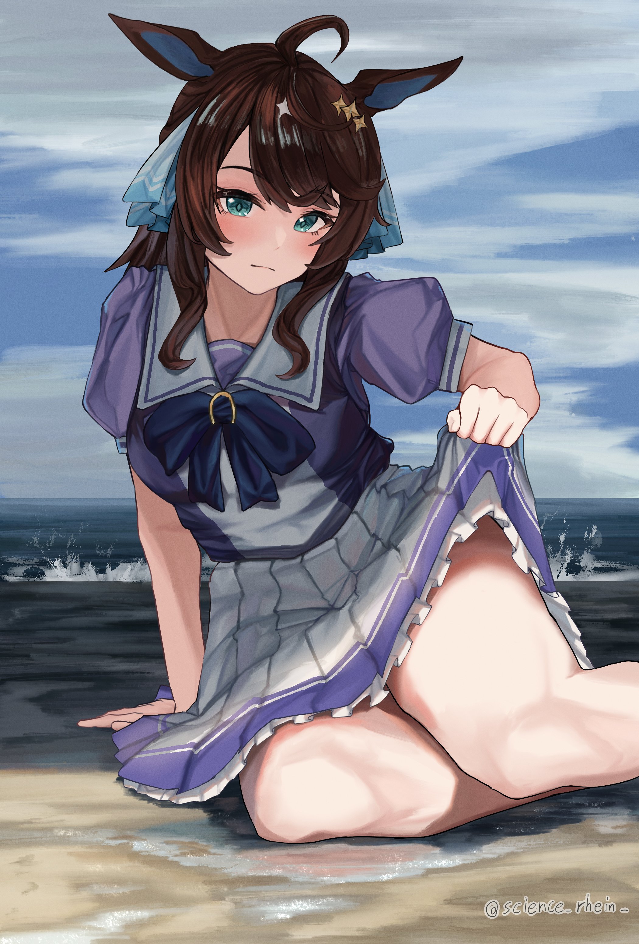 science rhein, daring tact (umamusume), umamusume, absurdres, commentary request, highres, 1girl, ahoge, animal ears, aqua eyes, beach, brown hair, clothes lift, cloud, cloudy sky, day, hair ornament, horizon, horse ears, horse girl, long hair, looking at viewer, miniskirt, ocean, outdoors, pleated skirt, puffy short sleeves, puffy sleeves, purple serafuku, purple shirt, sailor collar, sailor shirt, school uniform, serafuku, shirt, short sleeves, skirt, skirt lift, sky, solo, summer uniform, swept bangs, tracen school uniform, water, white skirt