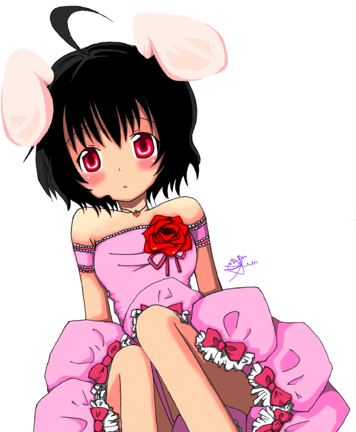 wonsen, inaba tewi, touhou, 1girl, animal ears, bare shoulders, black hair, dress, female focus, flower, plant, rabbit ears, red eyes, simple background, sitting, solo, white background