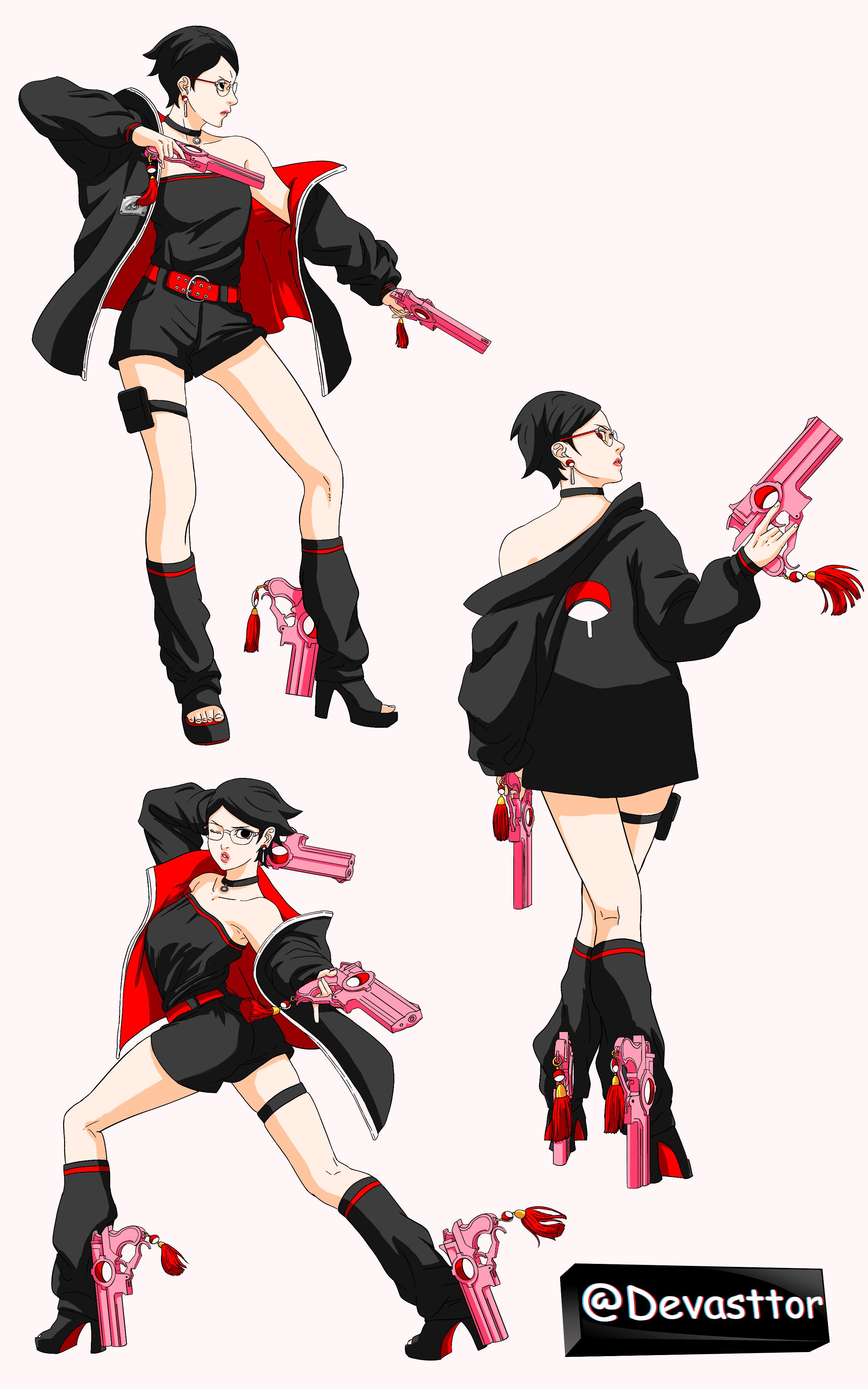 uchiha sarada, bayonetta (series), boruto: two blue vortex, naruto (series), absurdres, commentary, english commentary, highres, 1girl, arched back, bare shoulders, belt, black choker, black hair, black jacket, black romper, choker, devasttor, dual persona, earrings, glasses, gun, high heels, holding, holding gun, holding weapon, jacket, jewelry, loose socks, one eye closed, parody, parted lips, pink lips, pinky out, pouch, red belt, red eyes, romper, sharingan, short hair, socks, strapless romper, thigh pouch, trigger discipline, twitter username, weapon