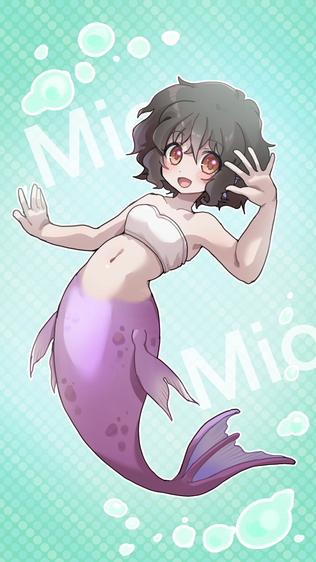 komena (shinyday312), original, commentary request, highres, 1girl, air bubble, bandeau, bare shoulders, blush, breasts, brown eyes, brown hair, bubble, character name, collarbone, english text, fins, green background, hair between eyes, head fins, mermaid, messy hair, monster girl, navel, polka dot, polka dot background, purple tail, short hair, sidelocks, small breasts, smile, underwater, waving