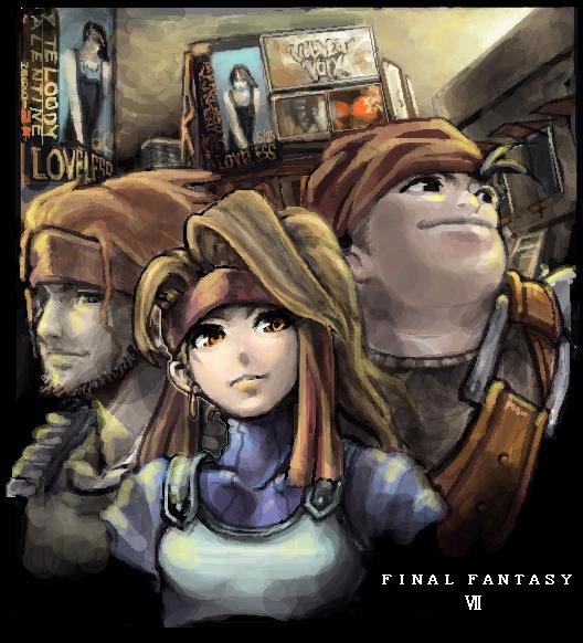 kuruuya, biggs (ff7), jessie rasberry, wedge (ff7), final fantasy, final fantasy vii, square enix, 1990s (style), bandana, beard, brown eyes, brown hair, facial hair, headband, long hair, retro artstyle