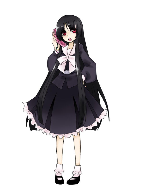 shimizu kokeshi, houraisan kaguya, touhou, 1girl, black hair, cellphone, female focus, full body, long hair, phone, red eyes, simple background, solo, standing, white background