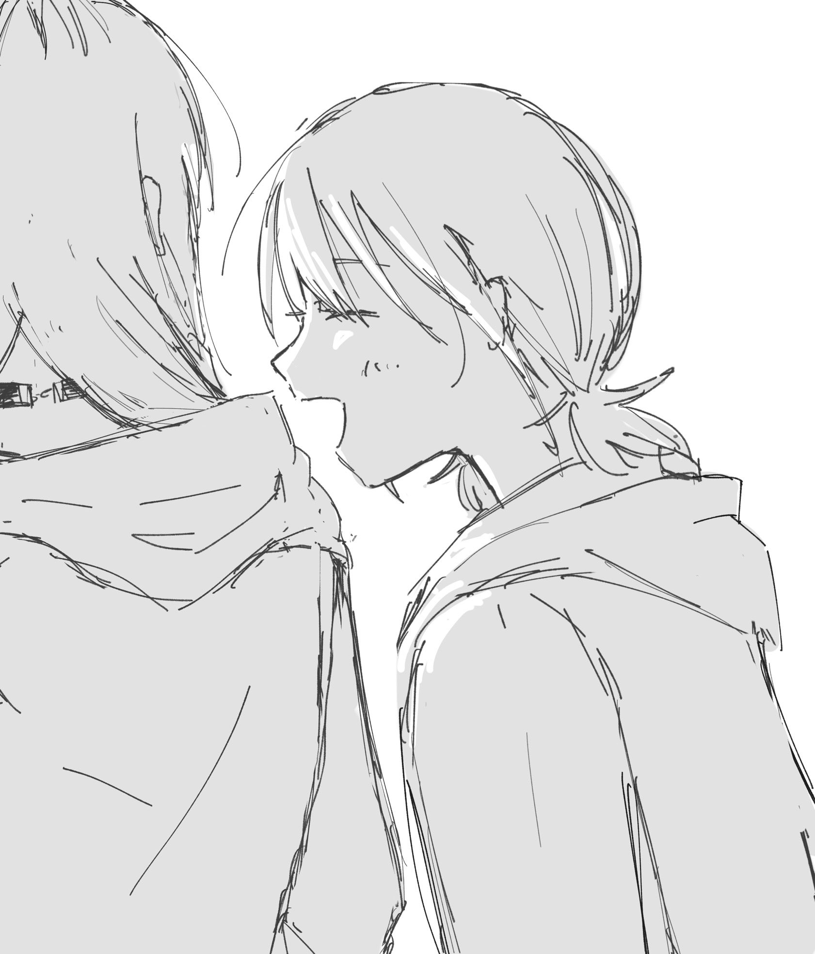 iseri nina, kawaragi momoka, girls band cry, commentary request, highres, 2girls, blush, choker, closed eyes, grcr pometa1118, greyscale, hood, hood down, low twintails, male focus, monochrome, multicolored hair, multiple girls, open mouth, roots (hair), short hair, short twintails, simple background, twintails, upper body, white background