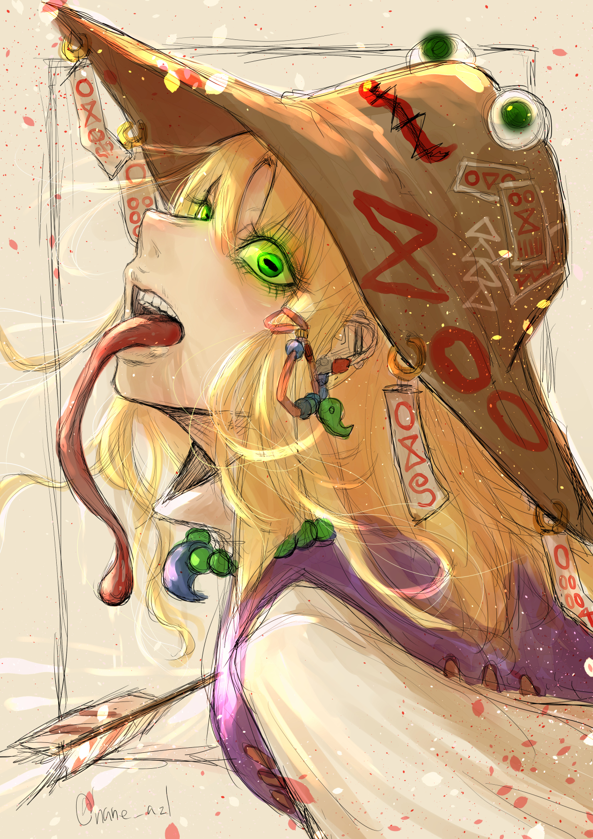 hane (azelye), moriya suwako, touhou, commentary request, highres, 1girl, arrow (projectile), arrow in body, blonde hair, brown hat, earrings, glowing, glowing eyes, green eyes, grey background, hat, horizontal pupils, jewelry, long tongue, looking at viewer, magatama, magatama earrings, medium hair, open mouth, purple vest, shirt, solo, tongue, tongue out, upper body, vest, white shirt
