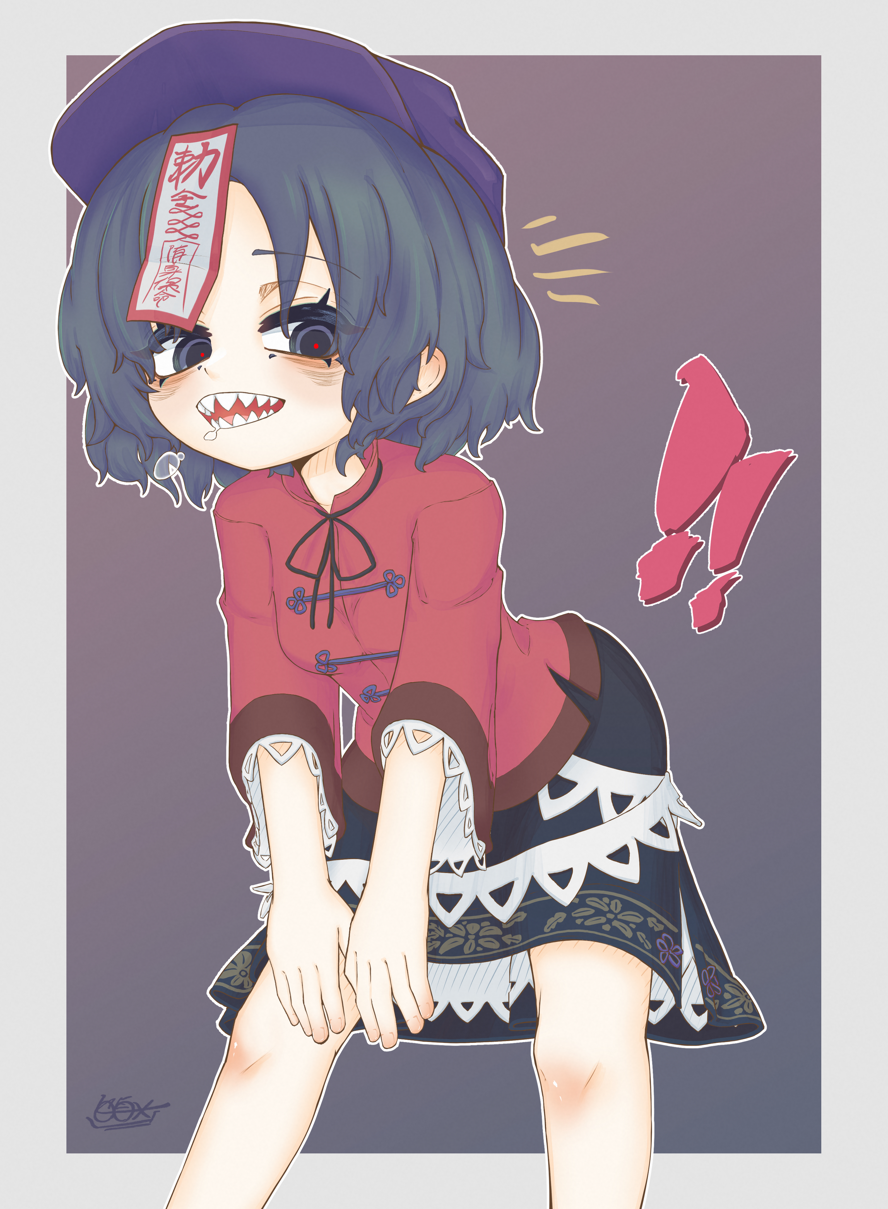 miyako yoshika, touhou, absurdres, commentary request, highres, !, !!, 1girl, bags under eyes, black ribbon, black skirt, border, breasts, chinese clothes, cowboy shot, floral print, grey background, grey hair, hat, jiangshi, lace-trimmed sleeves, lace trim, leaning forward, looking at viewer, nana ex77, neck ribbon, notice lines, ofuda, open mouth, outside border, print skirt, purple eyes, purple hat, red shirt, ribbon, sharp teeth, shirt, short hair, short sleeves, skirt, small breasts, solo, tangzhuang, teeth, white border