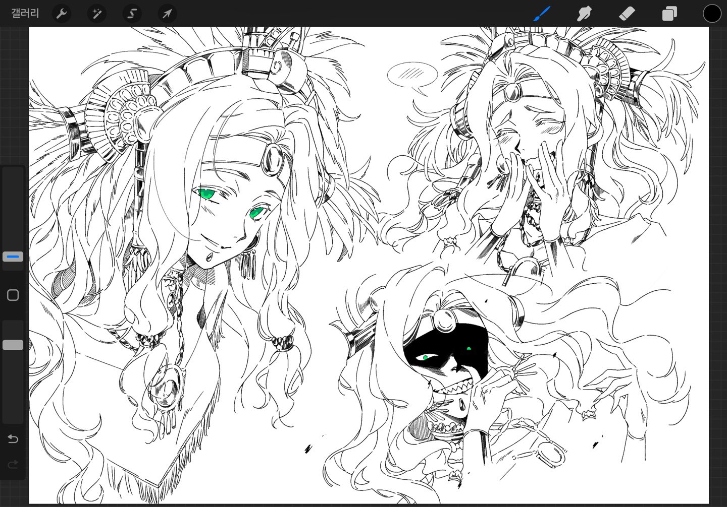 quetzalcoatl (fate), fate/grand order, fate (series), commentary request, 1girl, aztec, breasts, cleavage, evil grin, evil smile, greyscale, grin, headdress, inseong indaeyo, monochrome, poncho, sharp teeth, smile, teeth