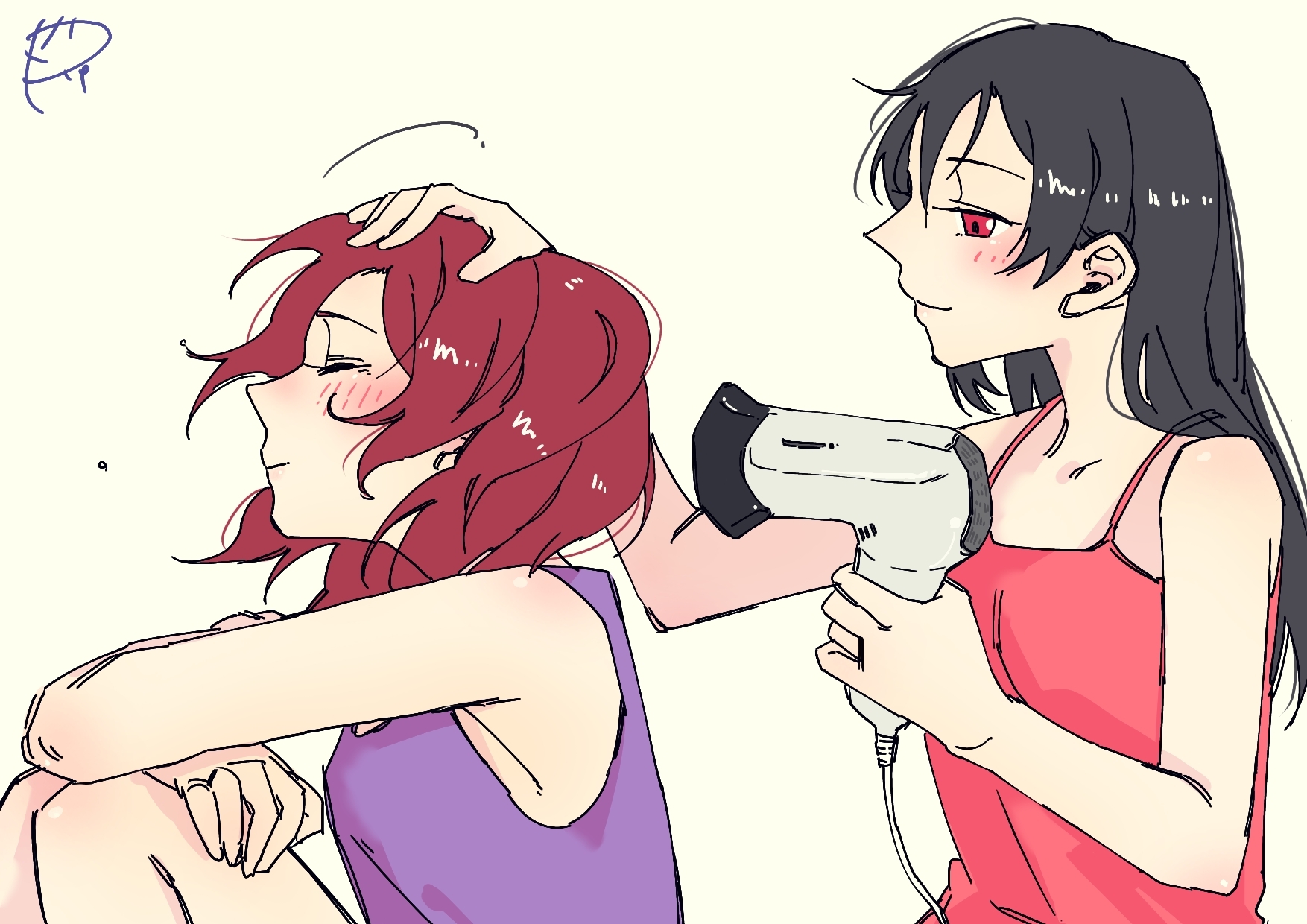 surfacedxxc, nishikino maki, yazawa nico, love live!, love live! school idol project, commentary request, highres, 2girls, black hair, blush, camisole, closed eyes, closed mouth, drying, drying another's hair, drying hair, hair dryer, hand on another's head, holding, holding hair dryer, long hair, medium hair, multiple girls, purple tank top, red camisole, red eyes, red hair, school uniform, simple background, smile, tank top, yellow background