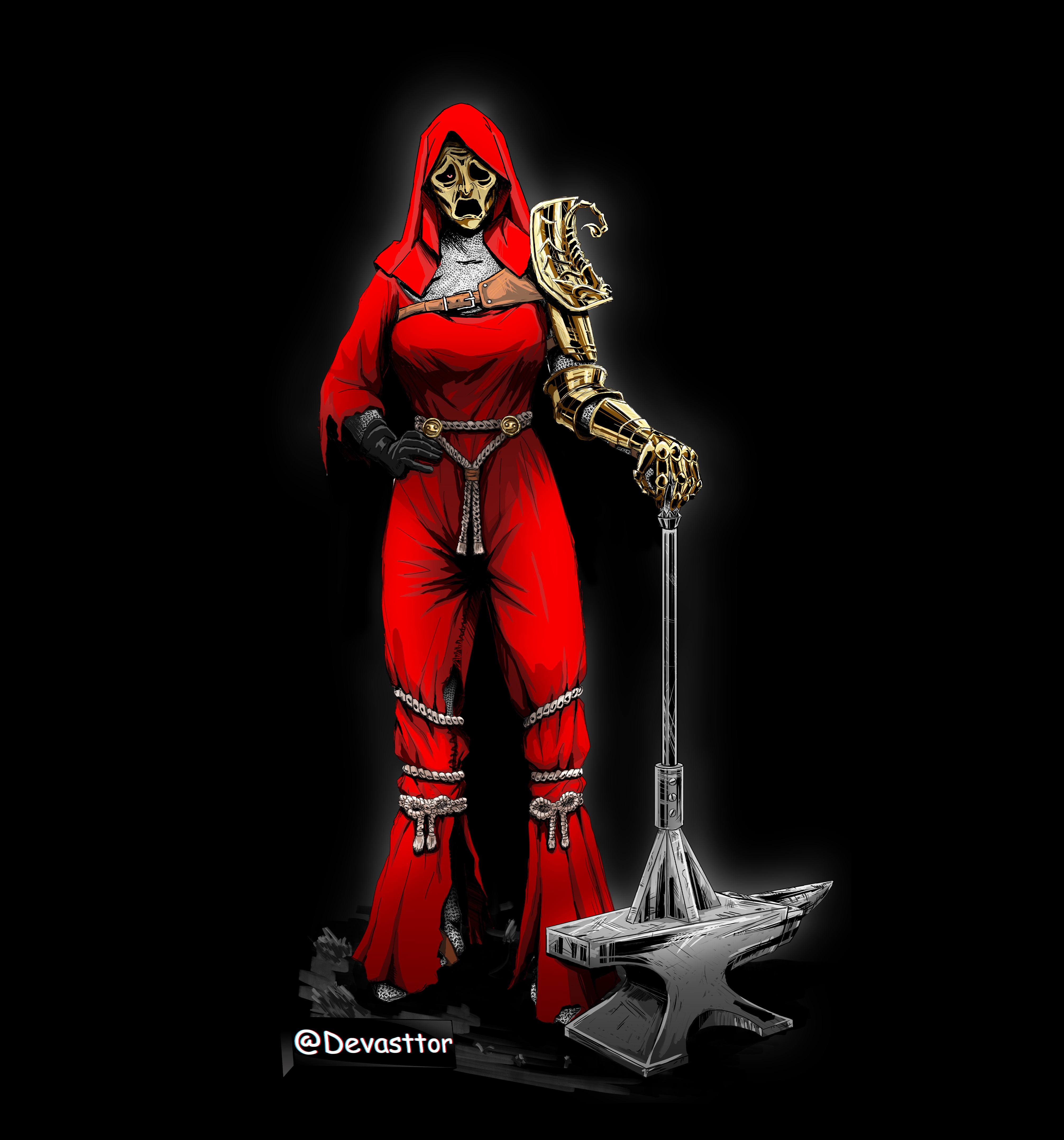 original, absurdres, commentary, highres, 1girl, anvil, armor, artist name, asymmetrical clothes, breasts, chainmail, devasttor, full body, gauntlets, hammer, hand on own hip, headscarf, jumpsuit, large breasts, mask, red jumpsuit, shoulder armor, single gauntlet, solo, war hammer, watermark, weapon