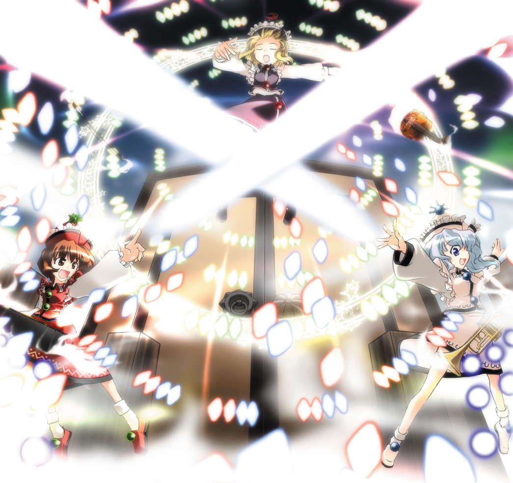 hiyorimi, lunasa prismriver, lyrica prismriver, merlin prismriver, perfect cherry blossom, touhou, 3girls, blonde hair, danmaku, female focus, hat, multiple girls, siblings, sisters