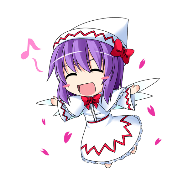 ichimi, lily white, nagae iku, touhou, 1girl, ^ ^, blush stickers, capelet, chibi, closed eyes, cosplay, dress, female focus, hat, lily white (cosplay), musical note, open mouth, outstretched arms, petals, purple hair, short hair, smile, solo, white dress, wings