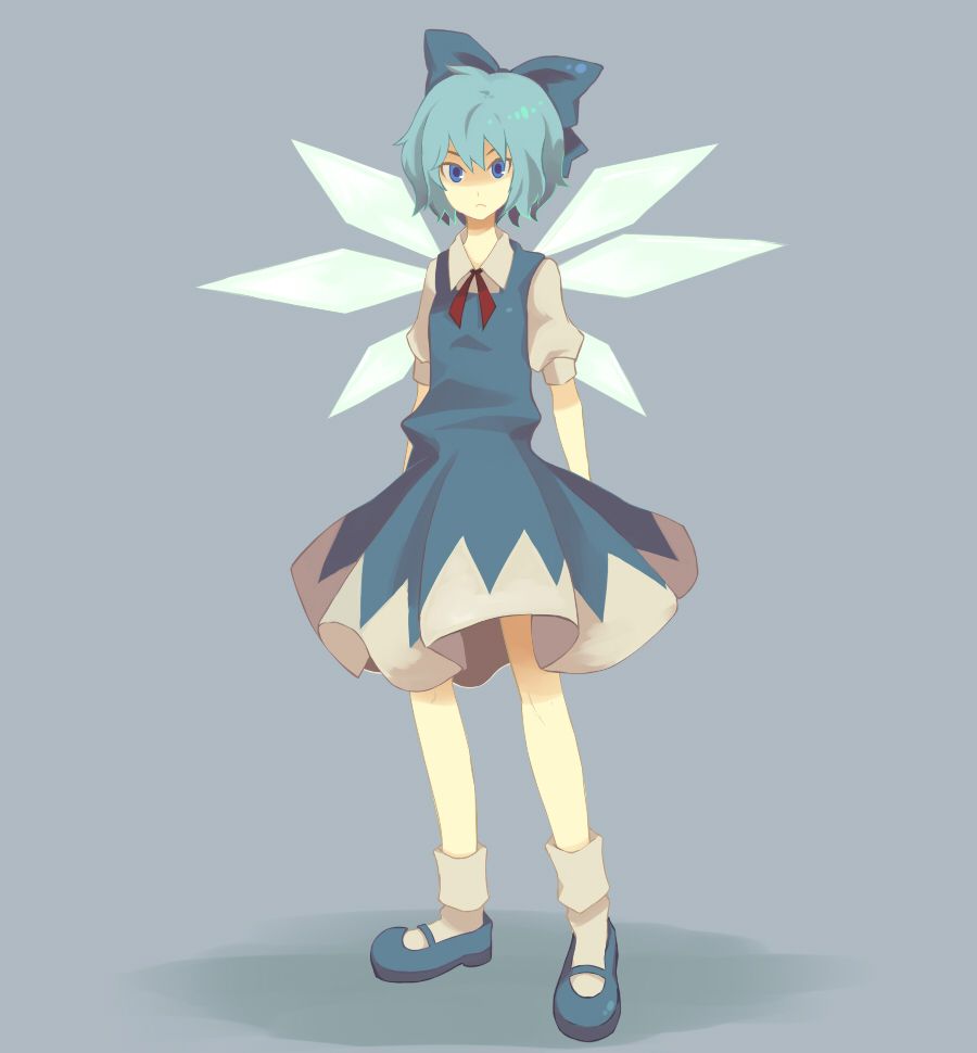 yasakae, cirno, embodiment of scarlet devil, touhou, blouse, blue eyes, blue hair, blue shoes, bow, collared shirt, dress, eyebrows hidden by hair, grey background, hair between eyes, hair bow, pinafore dress, shirt, shoes, short hair, simple background, sleeveless, sleeveless dress, socks, solo, white shirt, white socks, wings