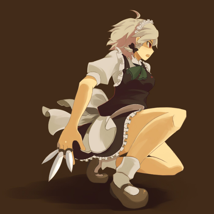 yasakae, izayoi sakuya, touhou, silver hair, 1girl, braid, female focus, full body, gradient background, knife, maid, red eyes, short hair, skirt, solo, throwing knife, twin braids, weapon