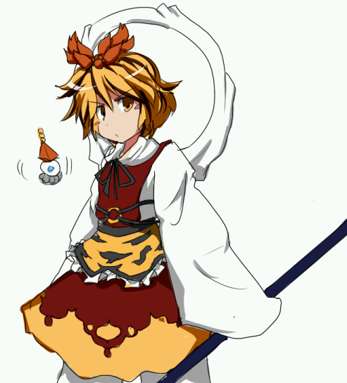 taniya, taniya raku, toramaru shou, touhou, 1girl, animal print, bishamonten's pagoda, female focus, hair ornament, multicolored hair, polearm, shawl, short hair, simple background, solo, standing, tiger print, weapon, white background, yellow eyes