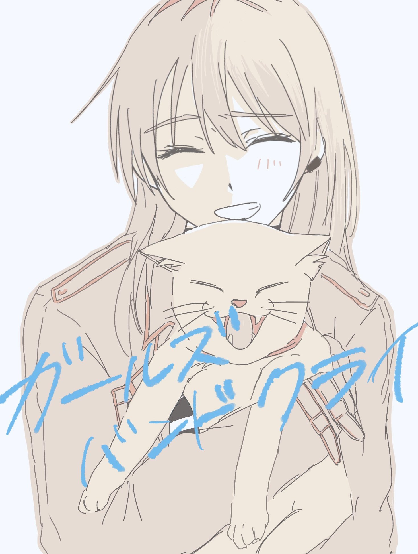 kawaragi momoka, girls band cry, highres, 1girl, animal, blush, breasts, cat, cleavage, closed eyes, copyright name, grcr pometa1118, holding, holding animal, holding cat, long sleeves, open mouth, simple background, smile, solo, spot color, upper body, white background