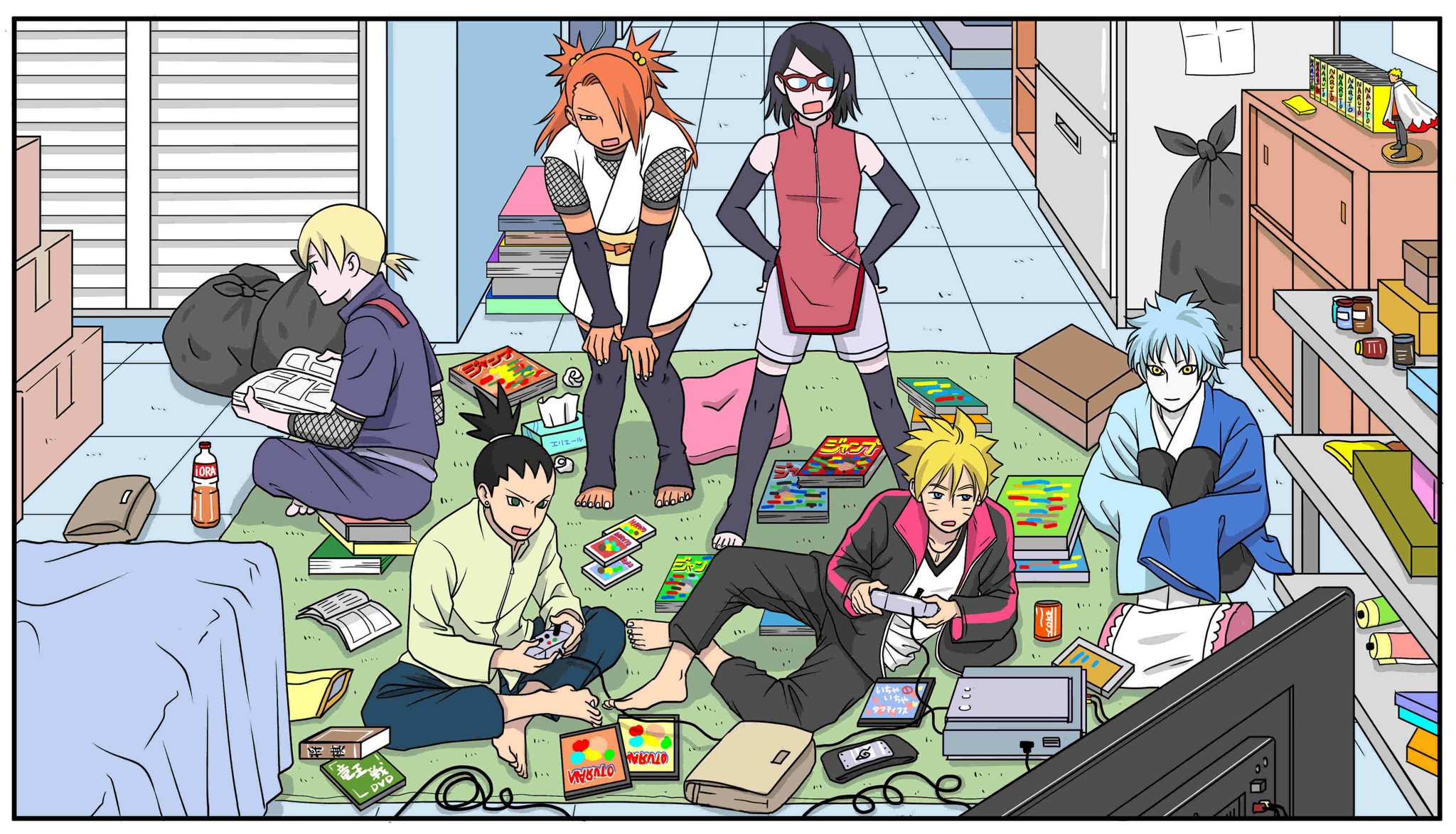 matsu (fu6ide2), akimichi chouchou, mitsuki (naruto), nara shikadai, uchiha sarada, uzumaki boruto, uzumaki naruto, yamanaka inojin, boruto: naruto next generations, naruto (series), commentary request, highres, 2girls, 4boys, barefoot, black hair, black thighhighs, blonde hair, blue eyes, blue hair, book, bottle, box, cardboard box, character doll, controller, dark-skinned female, dark skin, detached sleeves, doll, drawer, facial mark, forehead protector, game console, game controller, glasses, green eyes, hands on own hips, hands on own knees, holding, holding book, holding controller, holding game controller, hugging own legs, indian style, messy room, multiple boys, multiple girls, opaque glasses, orange hair, pale skin, playing games, reading, shelf, sitting, sleeves past fingers, sleeves past wrists, stirrup legwear, television, thighhighs, tissue, toeless legwear, topknot, trash bag, unworn headband, used tissue, whisker markings, yellow eyes