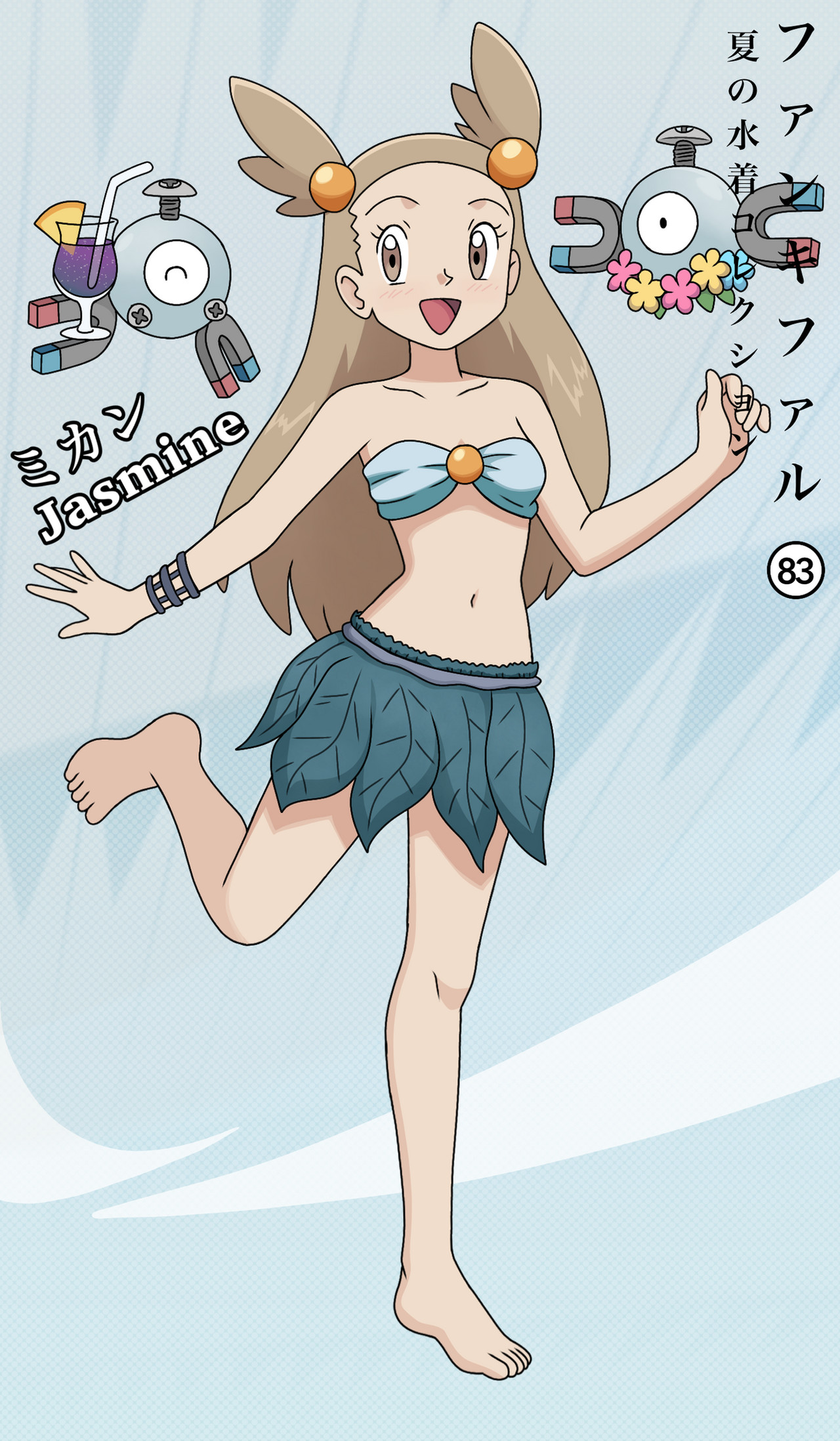 fankifalu, jasmine (pokemon), magnemite, nintendo, pokemon, pokemon hgss, commentary, commission, english commentary, highres, translation request, 1girl, barefoot, bracelet, brown eyes, brown hair, character name, collarbone, cup, drink, drinking straw, eyelashes, floating, flower, flower necklace, food, fruit, full body, gen 1 pokemon, glass, hair bobbles, hair ornament, holding, holding cup, holding drink, jewelry, leaf, leaf skirt, lei, long hair, magnet, navel, necklace, one-eyed, open mouth, pokemon (creature), screw, skirt, sliced fruit, smile, standing, standing on one leg, stomach, two side up