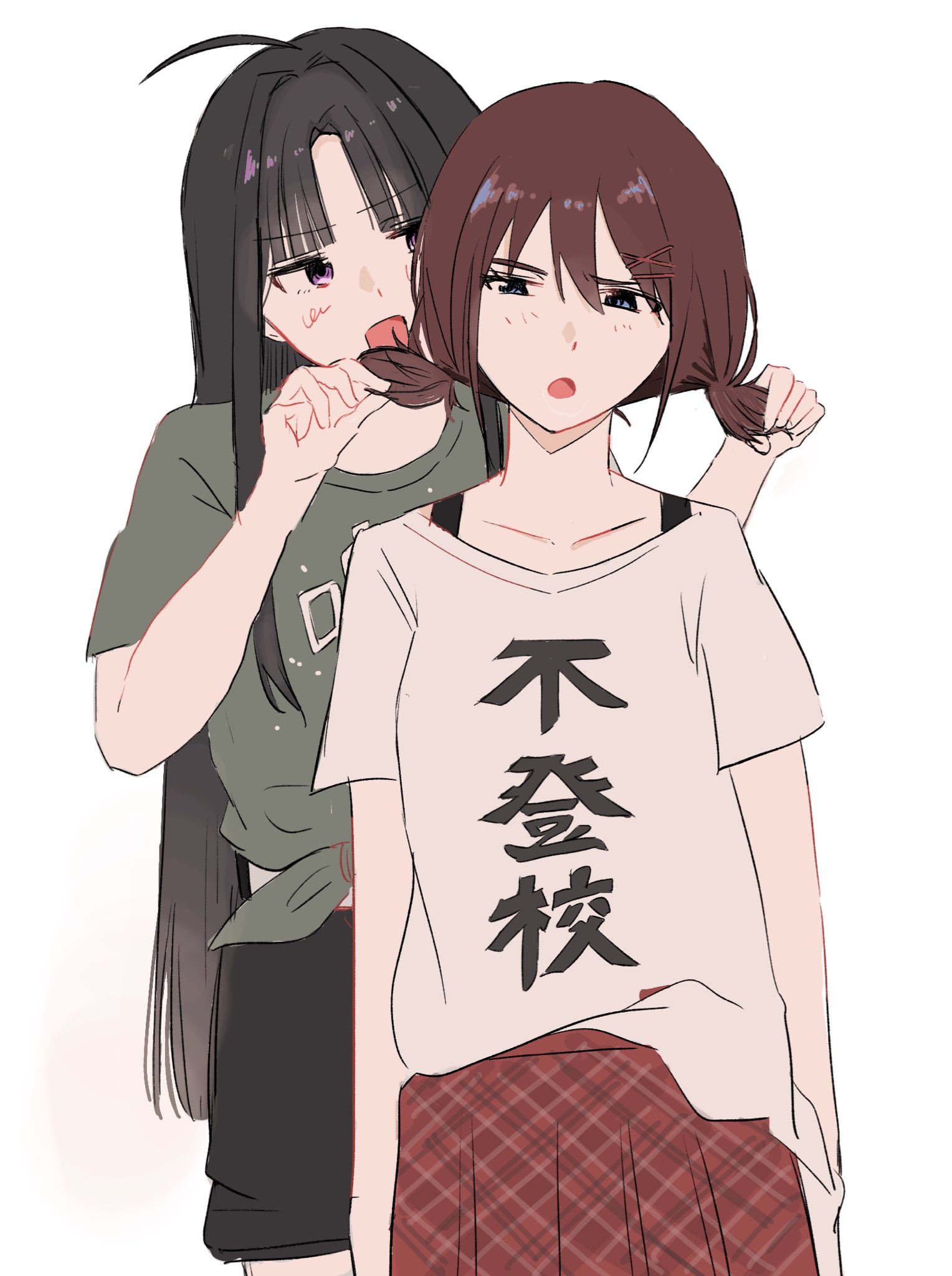 awa subaru, iseri nina, girls band cry, commentary, hashtag-only commentary, highres, 2girls, ahoge, black hair, blue eyes, blush, brown hair, grcr pometa1118, green shirt, hair ornament, hairclip, holding another's hair, long hair, low twintails, multiple girls, open mouth, parted bangs, plaid clothes, plaid skirt, purple eyes, red skirt, shikai no sumi kuchiru oto, shirt, short hair, short sleeves, short twintails, simple background, skirt, tied shirt, twintails, white background, white shirt