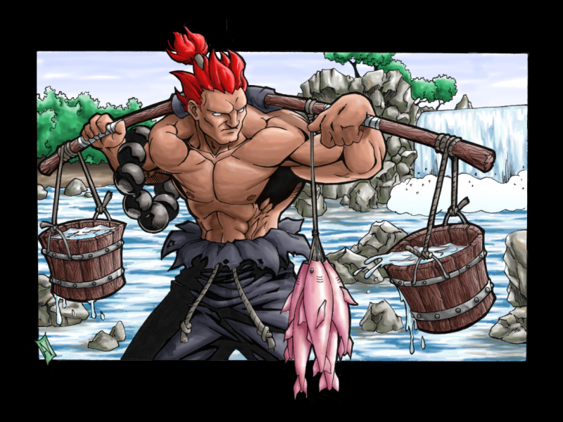 akuma, akuma (street fighter), street fighter, tagme, fish, red hair, river