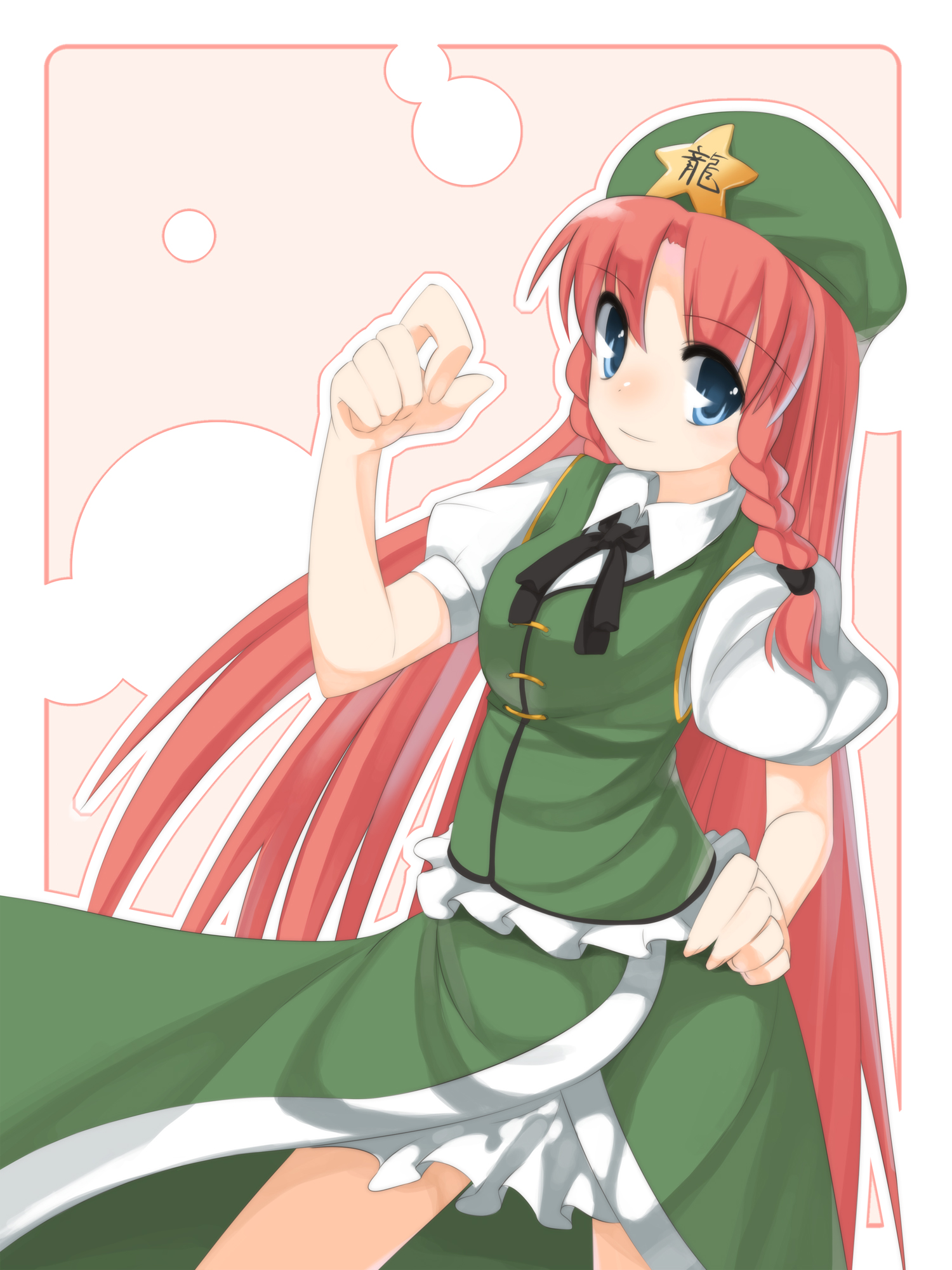 shouji ayumu, hong meiling, embodiment of scarlet devil, team shanghai alice, touhou, highres, 1girl, blue eyes, braid, china dress, chinese clothes, dress, female focus, hat, long hair, red hair, solo, twin braids