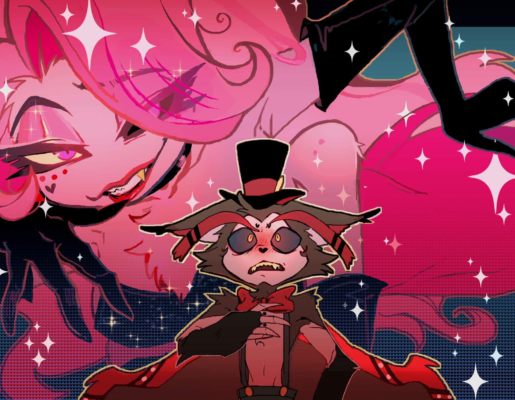 enigma (nig69), angel dust, husk (hazbin hotel), hazbin hotel, hellaverse, highres, 1boy, breasts, crossdressing, drag queen, dress, elbow gloves, gloves, large breasts, long hair, looking at viewer, pink hair, purple gloves, red dress, side slit, smile, thighs