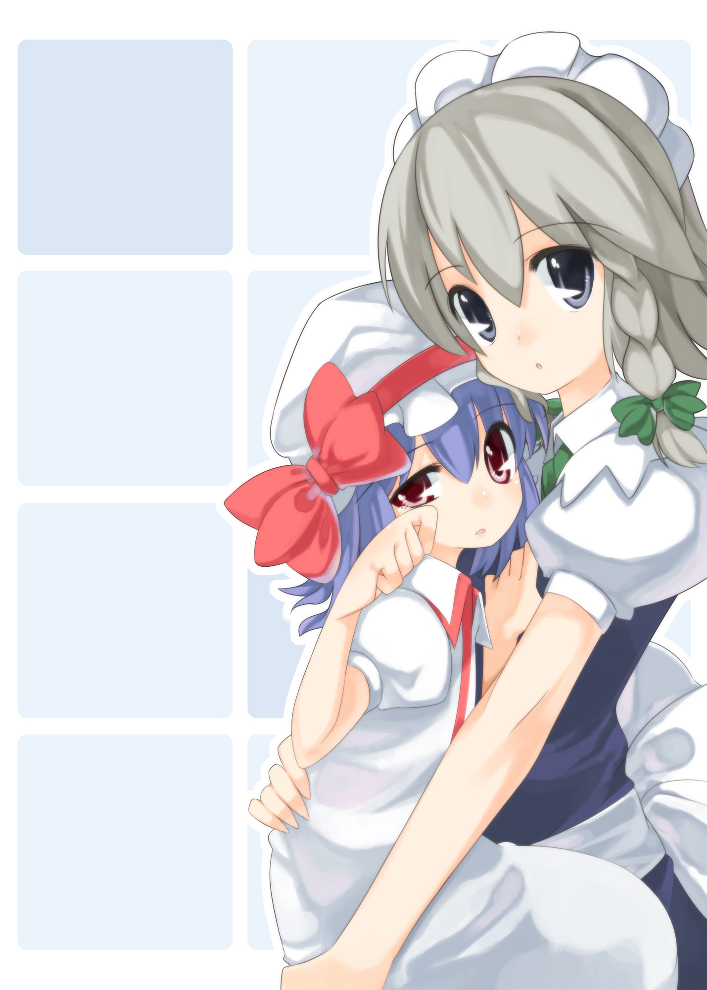 shouji ayumu, izayoi sakuya, remilia scarlet, team shanghai alice, touhou, silver hair, highres, 2girls, blue eyes, blue hair, braid, carrying, female focus, hat, holding, hug, maid, multiple girls, red eyes, short hair, twin braids