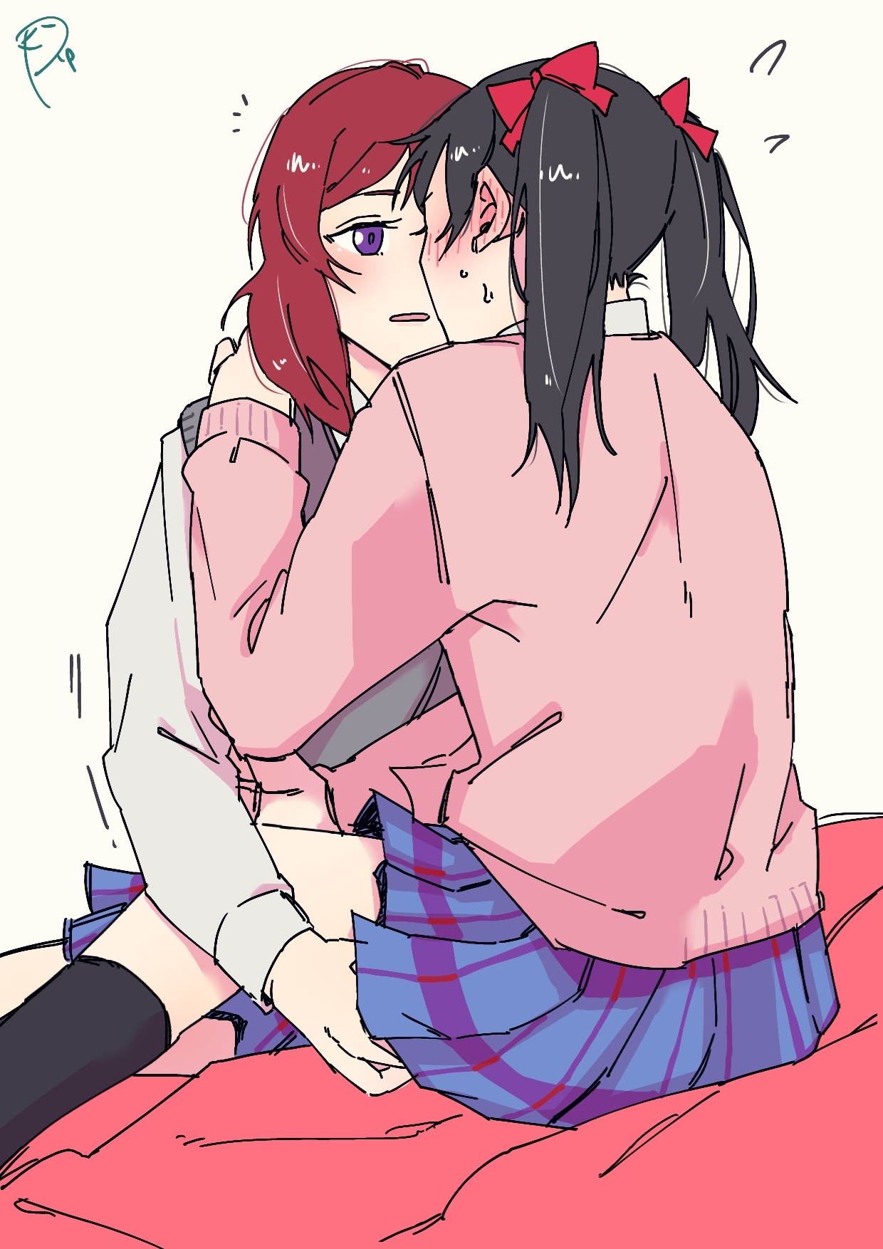 surfacedxxc, nishikino maki, yazawa nico, love live!, love live! school idol project, commentary request, highres, 2girls, black hair, black socks, blue skirt, blush, bow, ear blush, grey sweater vest, hair bow, hand on another's shoulder, hand on another's thigh, kneehighs, medium hair, multiple girls, otonokizaka school uniform, parted lips, pink sweater, plaid clothes, plaid skirt, pleated skirt, purple eyes, red bow, red hair, school uniform, shirt, skirt, socks, sweat, sweater, sweater vest, twintails, white shirt, yuri