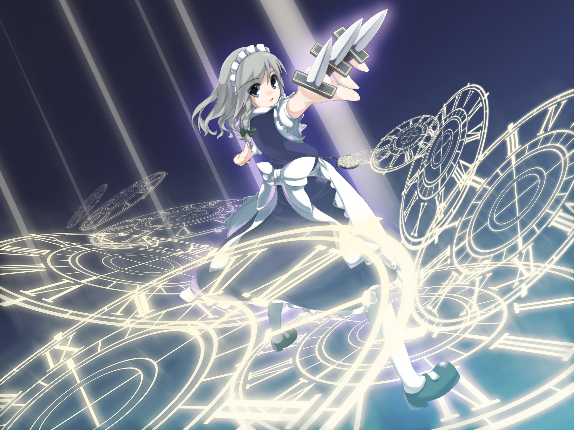 shouji ayumu, izayoi sakuya, team shanghai alice, touhou, highres, 1girl, between fingers, blue eyes, braid, clock, female focus, foreshortening, grey hair, holding, holding knife, knife, knives between fingers, magic circle, maid, mary janes, outstretched arms, pantyhose, pocket watch, roman numeral, shoes, short hair, solo, spread arms, throwing knife, twin braids, watch, weapon, white pantyhose