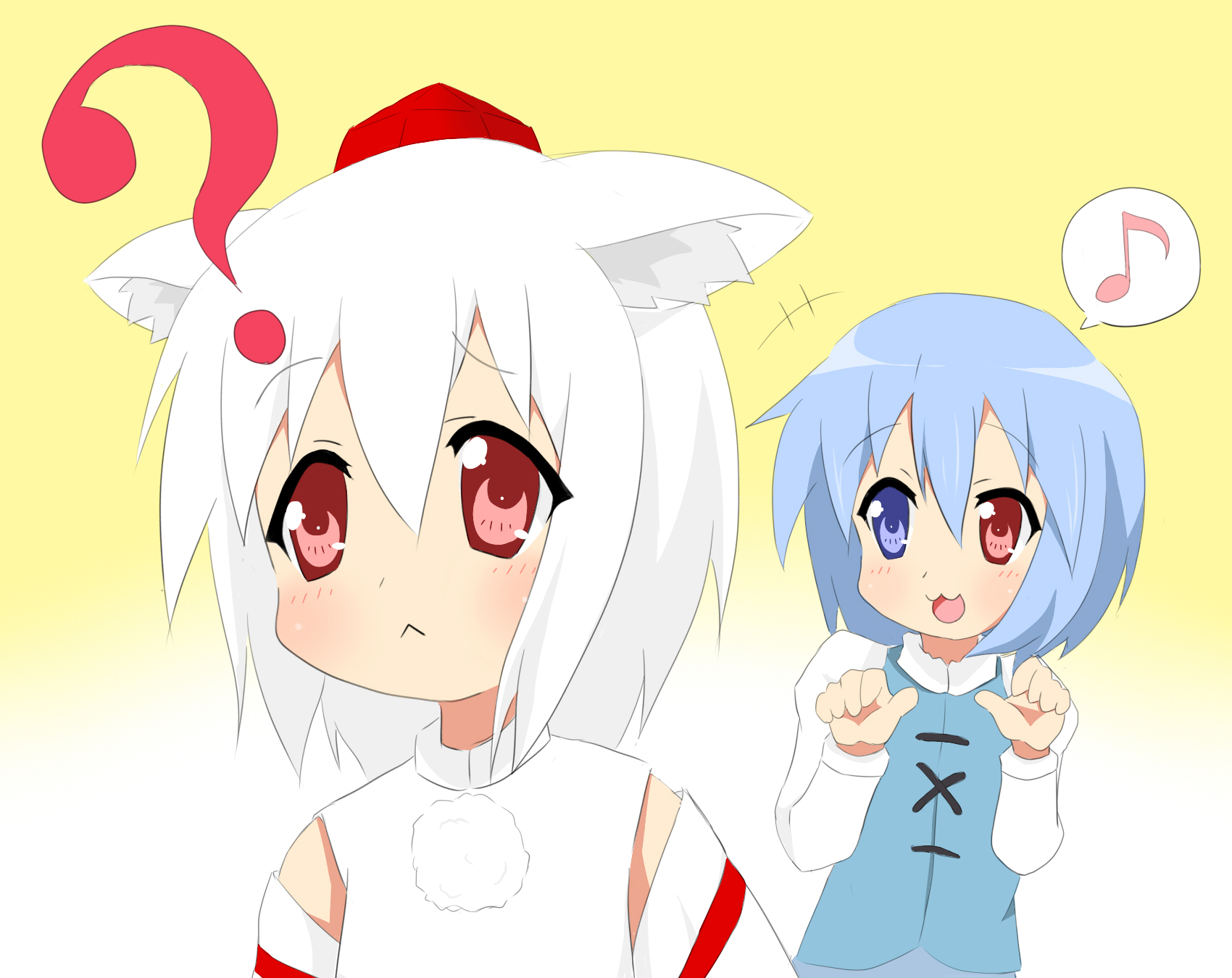 chiro-minami, chiro (bocchiropafe), inubashiri momiji, tatara kogasa, lucky star, touhou, bad id, bad pixiv id, highres, 2girls, :<, :3, ?, animal ears, blue eyes, blue hair, chibi, detached sleeves, female focus, hat, heterochromia, multiple girls, parody, paw pose, red eyes, short hair, style parody, tokin hat, white hair, wolf ears
