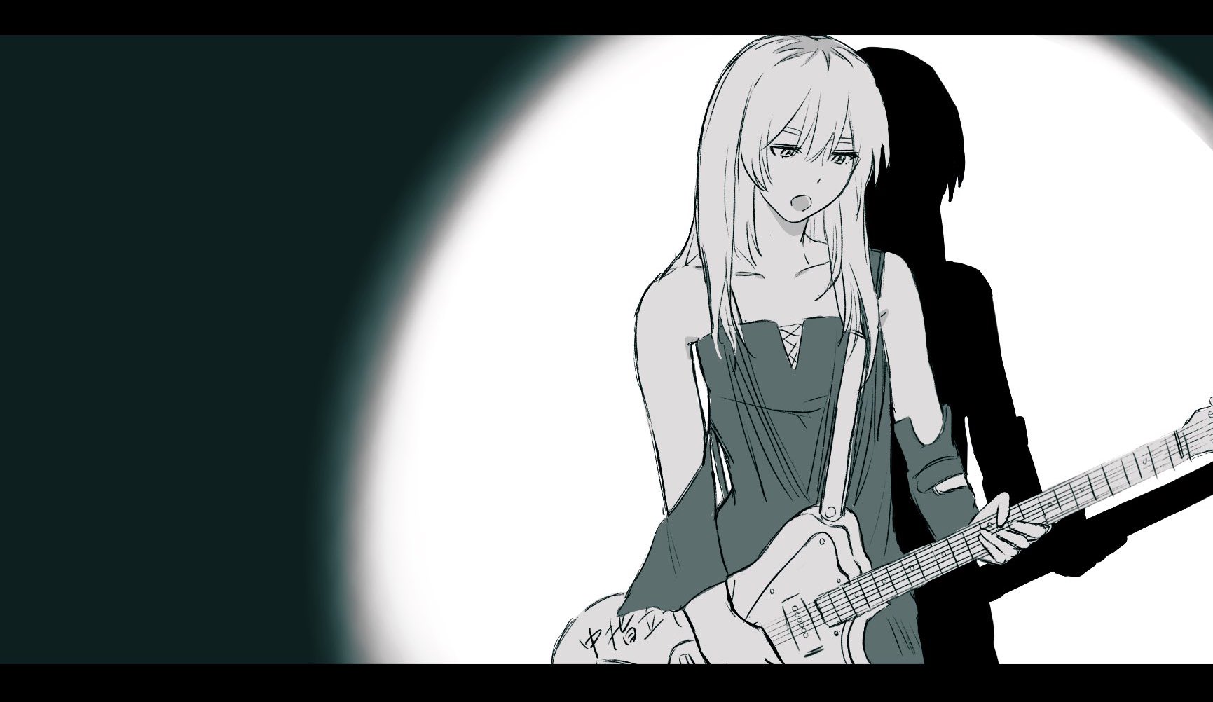 kawaragi momoka, shiina ringo, girls band cry, tokyo jihen, commentary request, highres, 1girl, arm warmers, electric guitar, fender jazzmaster, grcr pometa1118, greyscale, guitar, guitar strap, gunjou biyori (tokyo jihen), instrument, letterboxed, long hair, monochrome, multicolored hair, open mouth, parted lips, roots (hair), solo, spotlight