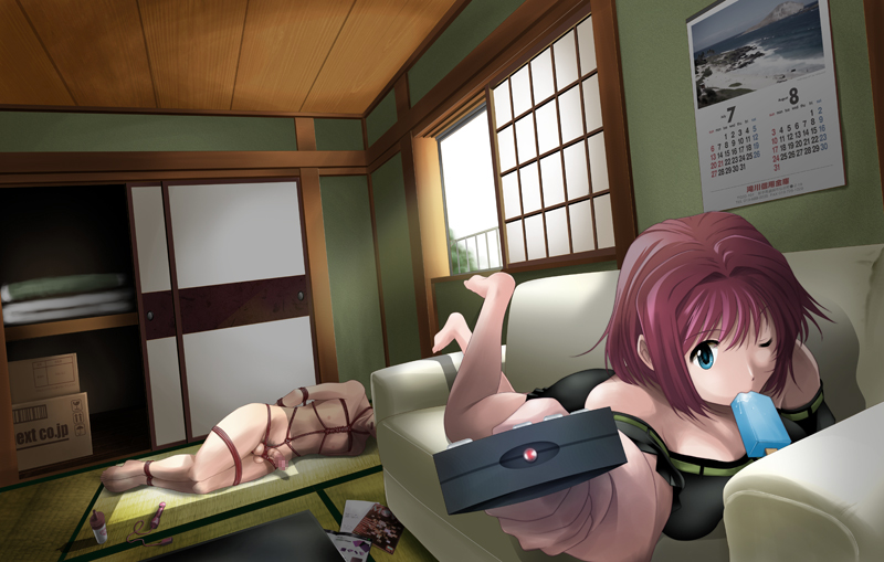 rium (msize), original, 1boy, 1girl, barefoot, bdsm, blue eyes, bondage, bound, calendar, clothed female nude male, controller, couch, dildo, eating, erection, femdom, food, holding, legs up, light rays, looking at viewer, lube, lying, nude, on side, on stomach, penis, popsicle, red hair, remote control, sex toy, shibari, short hair, slave, sunbeam, sunlight, tatami, tied penis, vibrator, window, wink