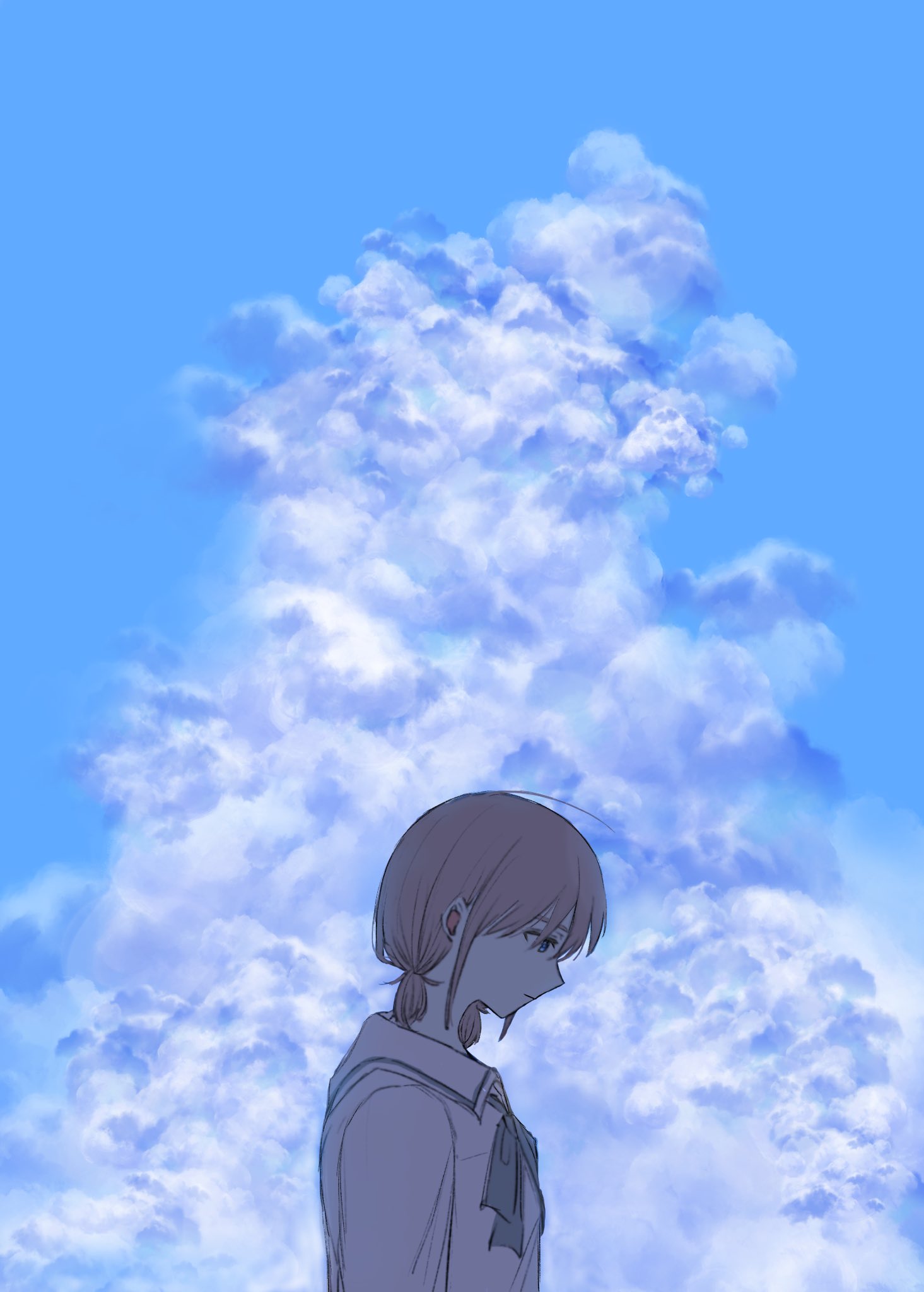 iseri nina, girls band cry, commentary request, highres, 1girl, brown hair, closed mouth, cloud, cumulonimbus cloud, grcr pometa1118, low twintails, school uniform, short hair, short twintails, solo, twintails, upper body, wireless earphones