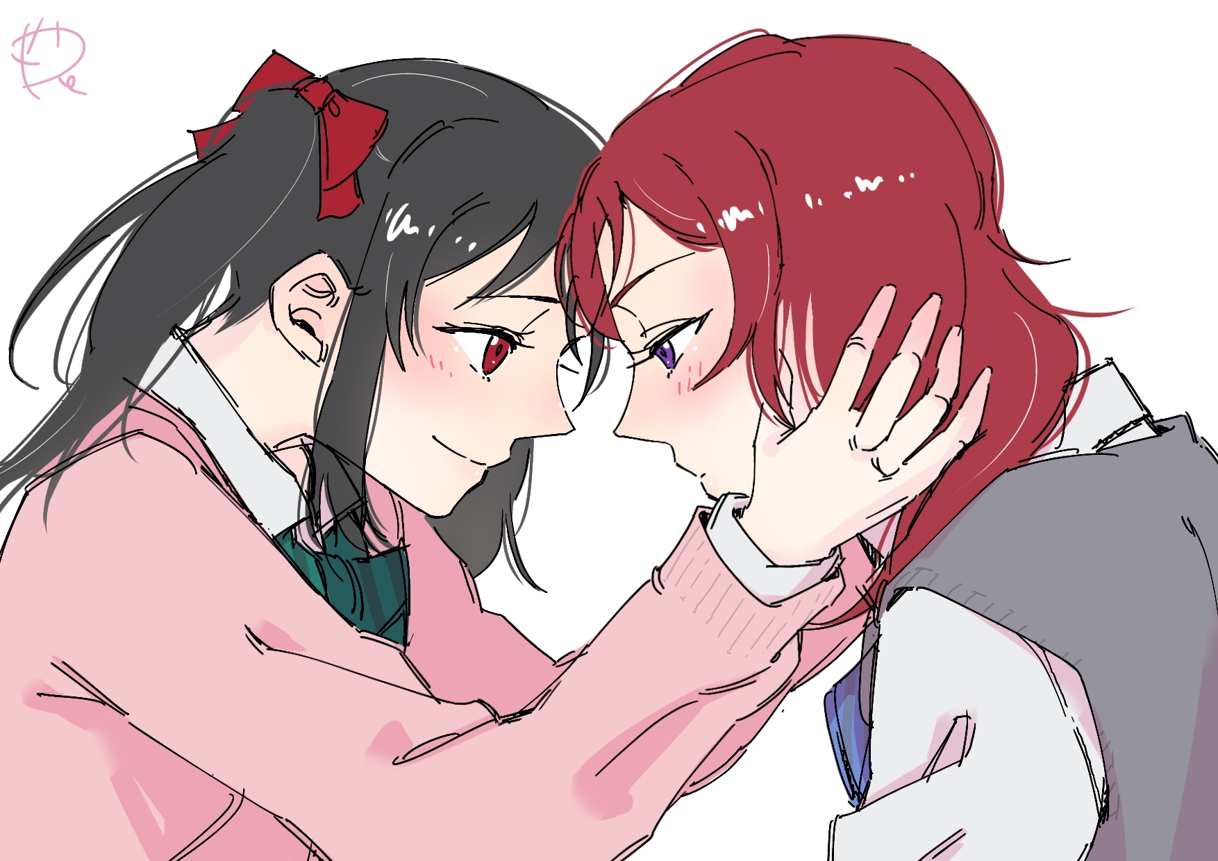 surfacedxxc, nishikino maki, yazawa nico, love live!, love live! school idol project, commentary request, highres, 2girls, black hair, blue bow, blue bowtie, bow, bowtie, collared shirt, forehead-to-forehead, green bow, green bowtie, grey sweater vest, hair bow, heads together, medium hair, multiple girls, otonokizaka school uniform, pink sweater, purple eyes, red bow, red eyes, red hair, school uniform, shirt, simple background, sweater, sweater vest, twintails, white background, white shirt, yuri