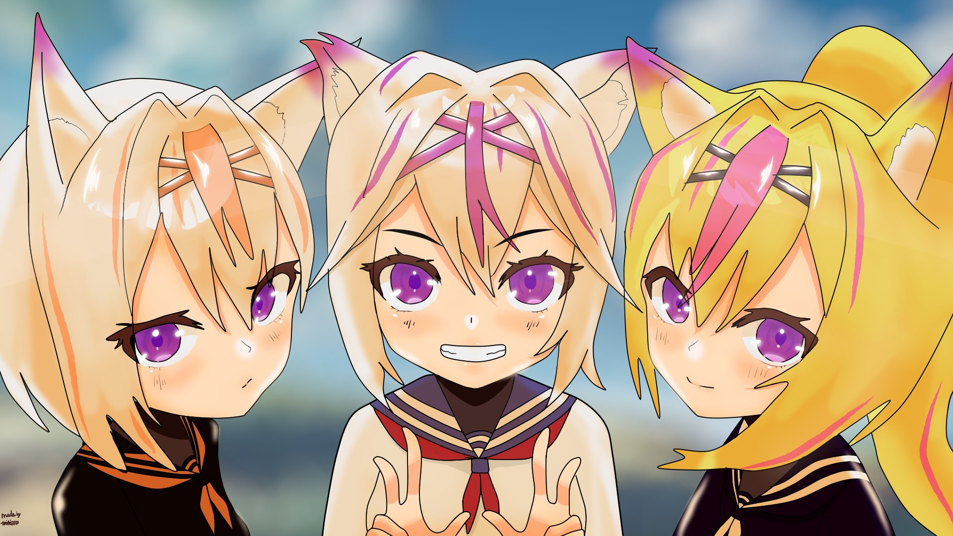 filian (vtuber), kendomurft, rekson, rindo (vrchat), indie virtual youtuber, commentary, english commentary, highres, 1girl, 2boys, animal ear fluff, animal ears, black sailor collar, black shirt, blonde hair, blue sailor collar, blush, cat boy, cat ears, cat girl, closed mouth, eyelashes, grin, hair between eyes, hair intakes, kimi artsenpai, long hair, multicolored hair, multiple boys, neckerchief, orange hair, orange neckerchief, orange sailor collar, pink hair, ponytail, purple eyes, purple hair, red neckerchief, sailor collar, shirt, smile, streaked hair, teeth, trait connection, two-tone hair, virtual youtuber, white hair, white neckerchief, white shirt