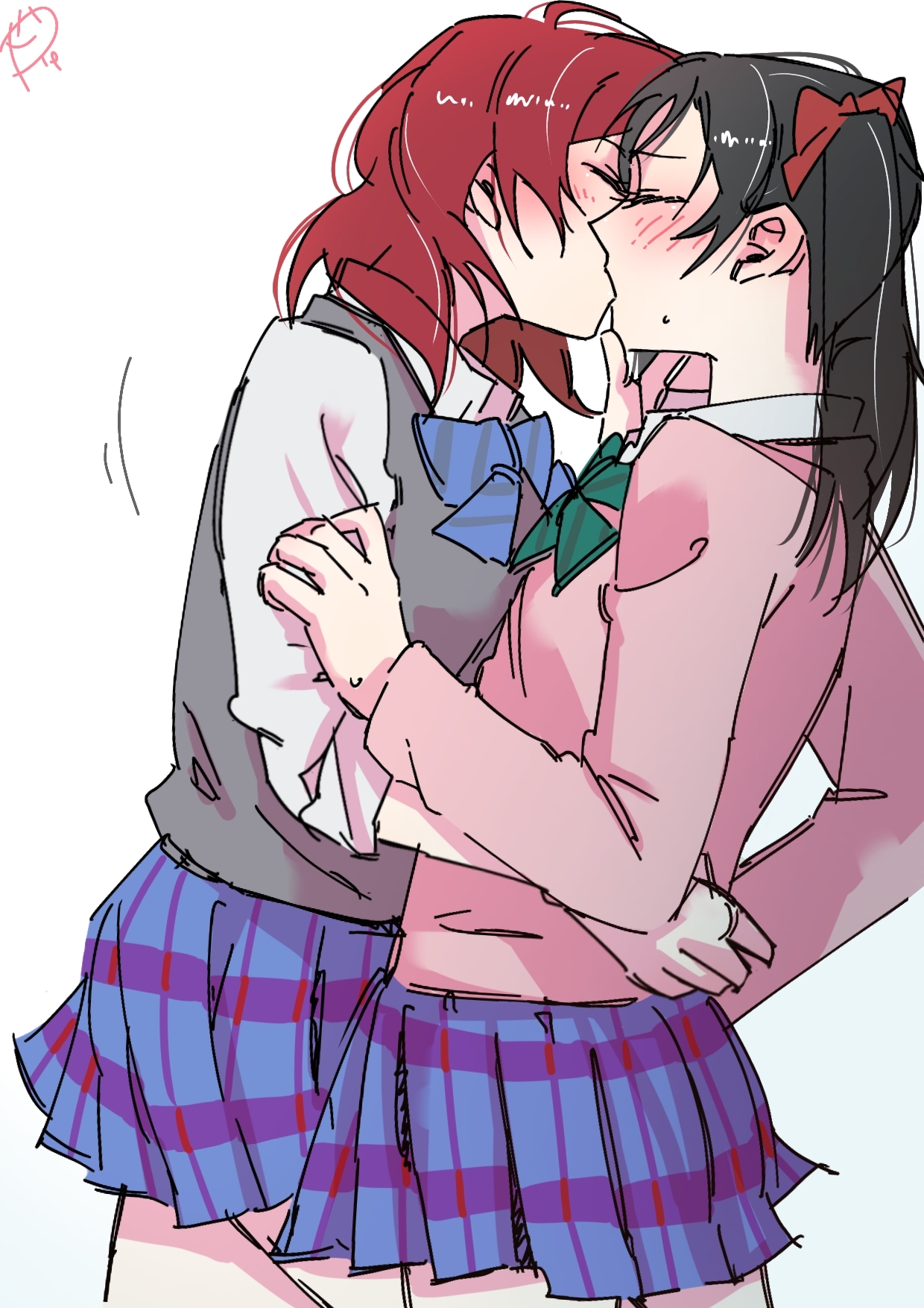 surfacedxxc, nishikino maki, yazawa nico, love live!, love live! school idol project, commentary request, highres, 2girls, black hair, blue bow, blue bowtie, blue skirt, blush, bow, bowtie, closed eyes, green bow, green bowtie, grey sweater vest, kiss, medium hair, multiple girls, otonokizaka school uniform, pink sweater, plaid clothes, plaid skirt, pleated skirt, red hair, school uniform, shirt, simple background, skirt, sweat, sweater, sweater vest, twintails, white background, white shirt, yuri