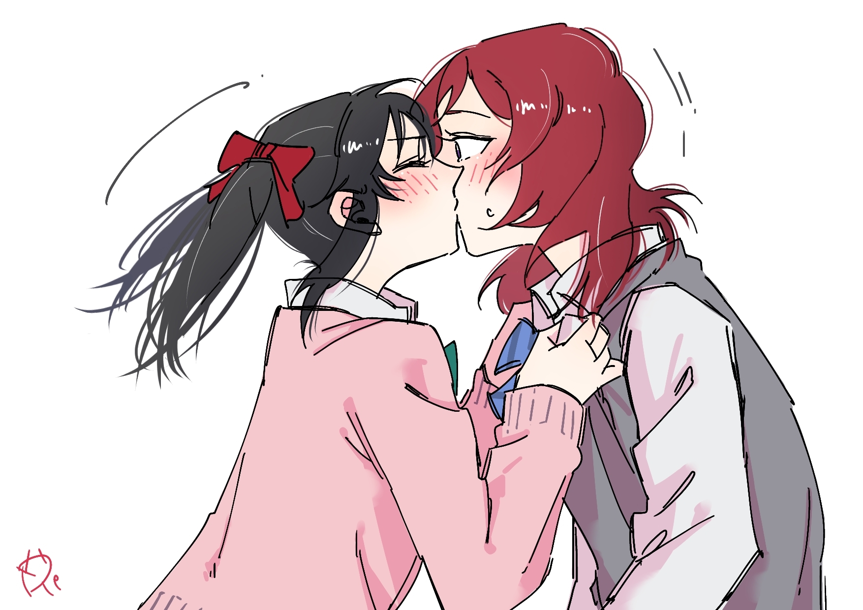 surfacedxxc, nishikino maki, yazawa nico, love live!, love live! school idol project, commentary request, highres, 2girls, black hair, blue bow, blue bowtie, blush, bow, bowtie, closed eyes, clothes grab, collared shirt, green bow, green bowtie, grey sweater vest, hair bow, kiss, medium hair, multiple girls, otonokizaka school uniform, pink sweater, red bow, red hair, school uniform, shirt, simple background, sweater, sweater vest, twintails, white background, white shirt, yuri