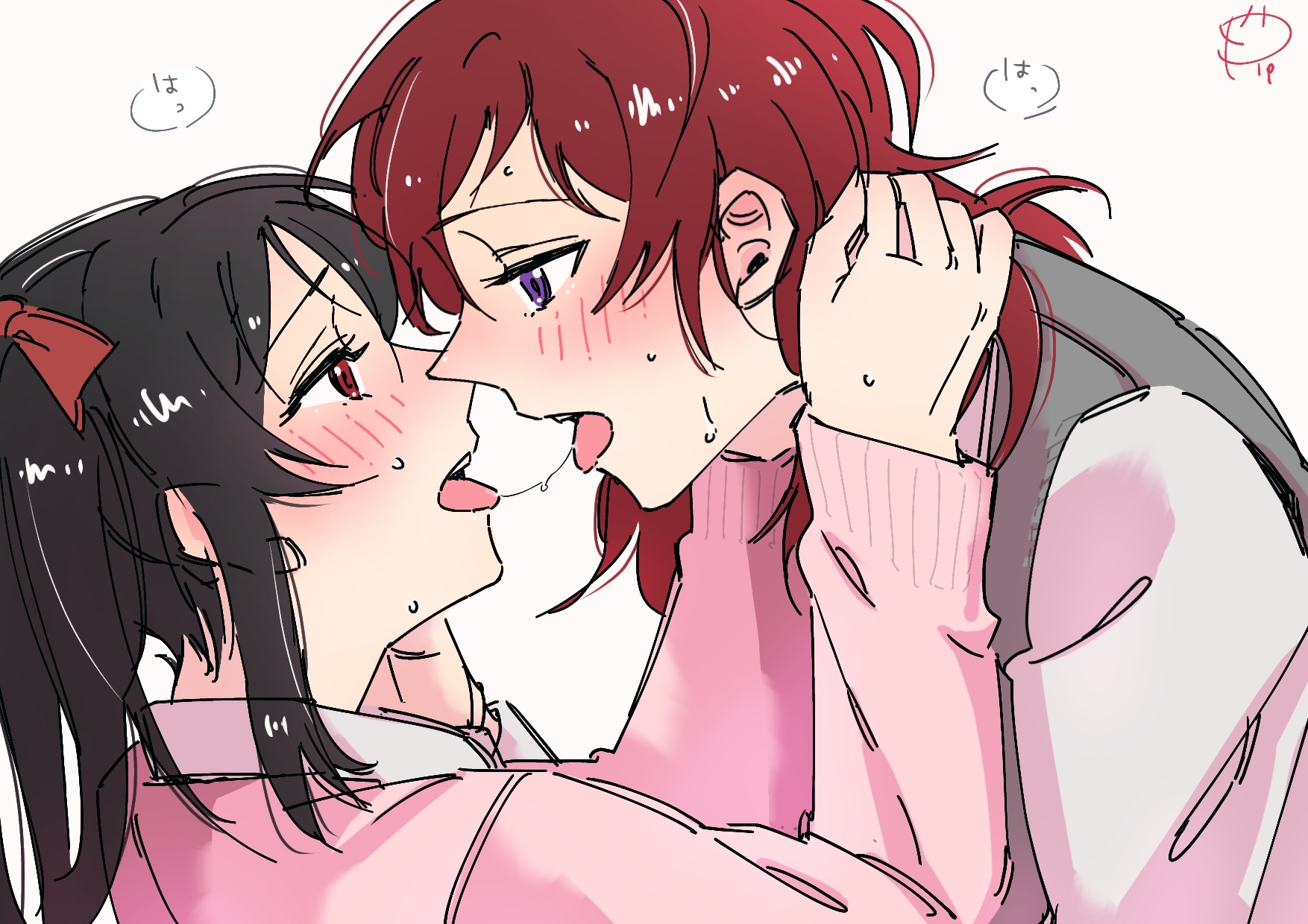 surfacedxxc, nishikino maki, yazawa nico, love live!, love live! school idol project, commentary request, highres, 2girls, after kiss, black hair, breath, eye contact, grey sweater vest, looking at another, medium hair, multiple girls, otonokizaka school uniform, pink sweater, purple eyes, red eyes, red hair, saliva, saliva trail, school uniform, sweater, sweater vest, tongue, tongue out, twintails, yuri