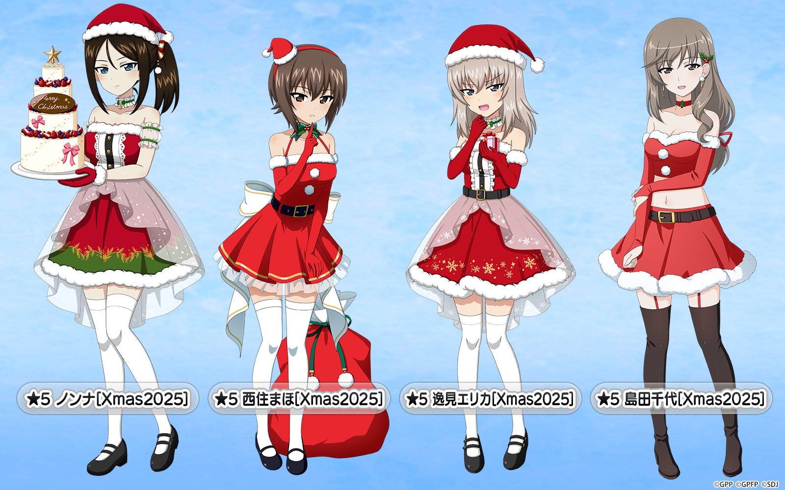 itsumi erika, nishizumi maho, nonna (girls und panzer), shimada chiyo, girls und panzer, girls und panzer senshadou daisakusen!, highres, official art, translated, 4girls, bare shoulders, belt, black belt, black shoes, blue background, blue eyes, blueberry, blush, boots, bow, bowtie, breasts, bridal gauntlets, brown eyes, brown hair, cake, character name, choker, cleavage, collarbone, crop top, dress, elbow gloves, food, frilled dress, frills, fruit, fur trim, garter straps, gift, gloves, gradient background, green bow, green bowtie, grey hair, hair between eyes, hair bow, hair ornament, hairband, hand on own arm, hat, holding, holding gift, holding tray, holly, holly hair ornament, index finger raised, large bow, layer cake, layered dress, legs, long hair, looking at viewer, low-tied long hair, mary janes, medium hair, merry christmas, midriff, mini hat, mini santa hat, multiple girls, navel, open mouth, pink bow, pom pom (clothes), ponytail, red dress, red gloves, red hat, red ribbon, red skirt, ribbon, sack, santa costume, santa dress, santa hat, see-through clothes, see-through dress layer, see-through sleeves, shoes, short dress, short hair, sidelocks, skirt, smile, snowflake print, star (symbol), strapless, strapless dress, strawberry, thigh boots, thighhighs, thighs, tray, white bow, white thighhighs, zettai ryouiki