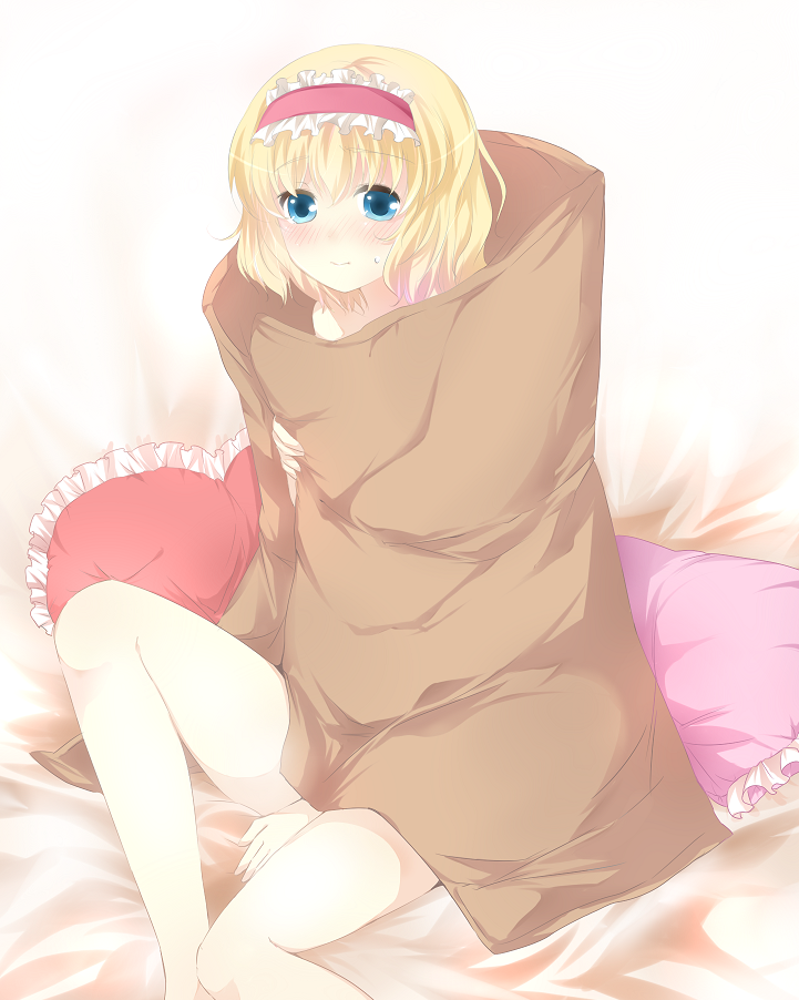 yatomi, alice margatroid, touhou, bad id, bad pixiv id, 1girl, blanket, blonde hair, blue eyes, blush, female focus, frilled pillow, frills, futon, hairband, pillow, short hair, solo