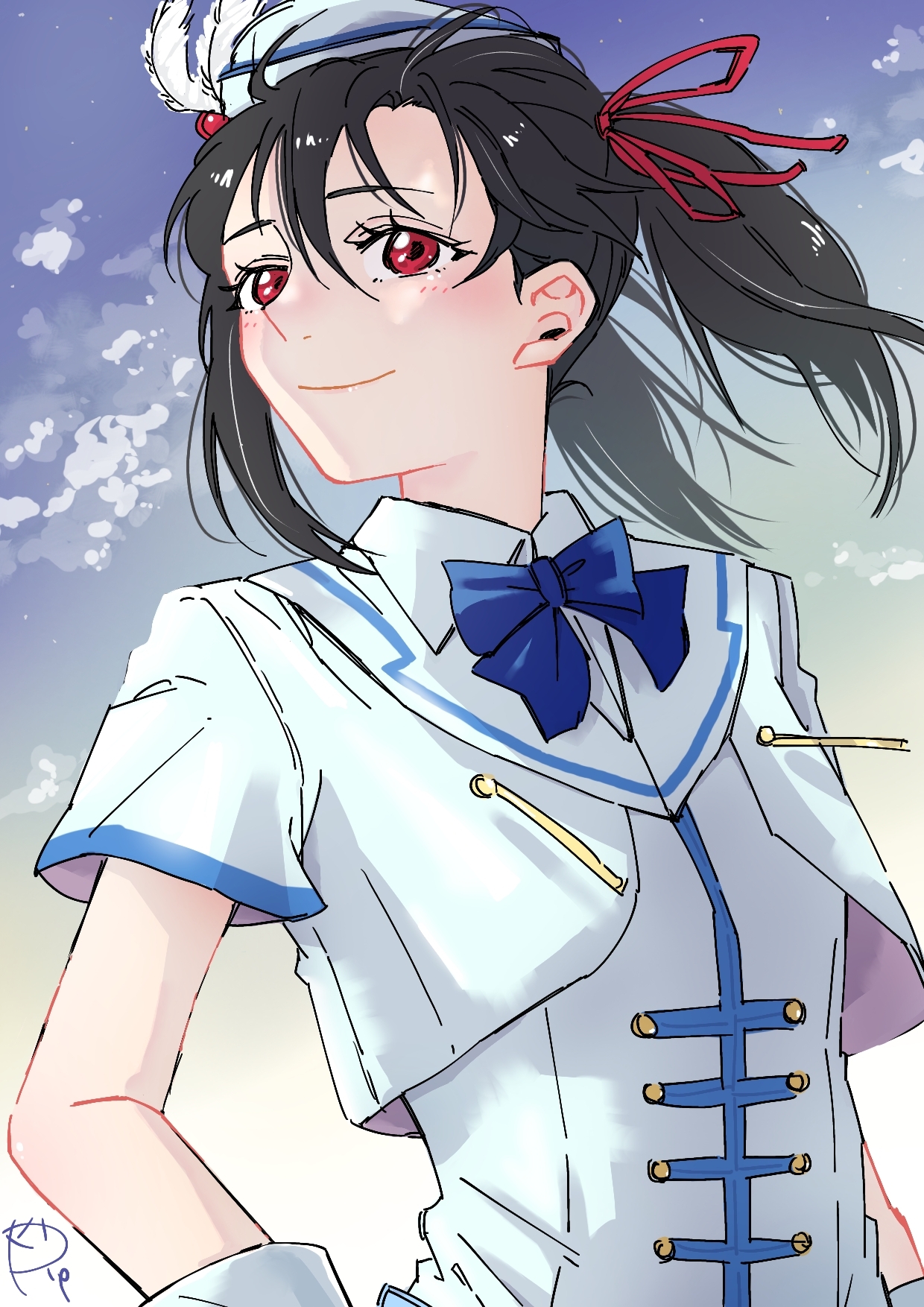 surfacedxxc, yazawa nico, love live!, love live! school idol project, commentary request, highres, 1girl, black hair, blue bow, blue bowtie, bow, bowtie, closed mouth, day, hair ribbon, hat, jacket, outdoors, red eyes, red ribbon, ribbon, school uniform, smile, solo, twintails, white hat, white jacket