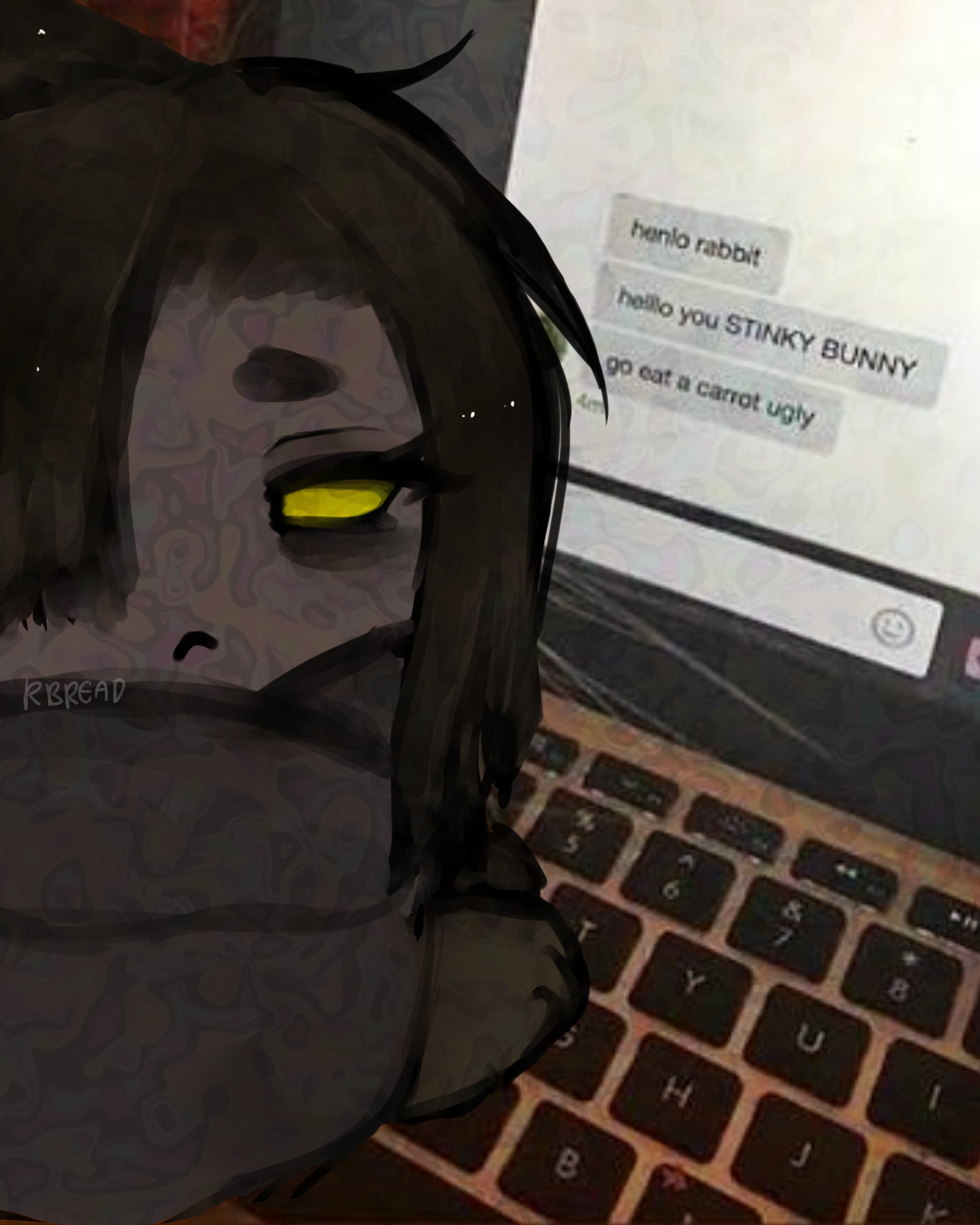 r breadd, zilu (project moon), limbus company, project moon, absurdres, highres, 1girl, animalization, artist name, brown hair, dark-skinned female, dark skin, hair over one eye, henlo (meme), long hair, macbook, meme, rabbit, sad, solo, yellow eyes