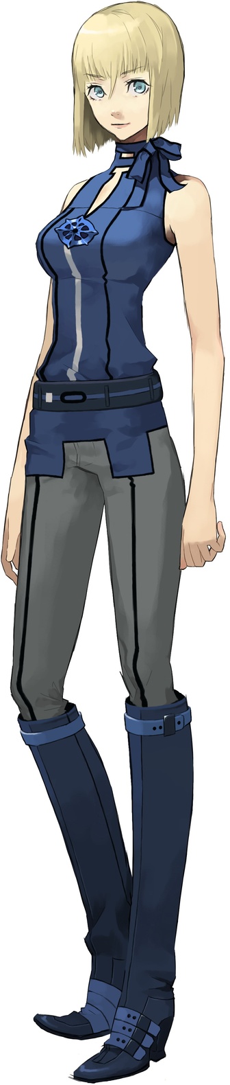 nola dobereiner, lux-pain, highres, long image, tall image, 1girl, bare shoulders, belt, blonde hair, blue eyes, boots, buckle, female focus, full body, knee boots, pants, short hair, simple background, solo, standing, turtleneck, vest, white background