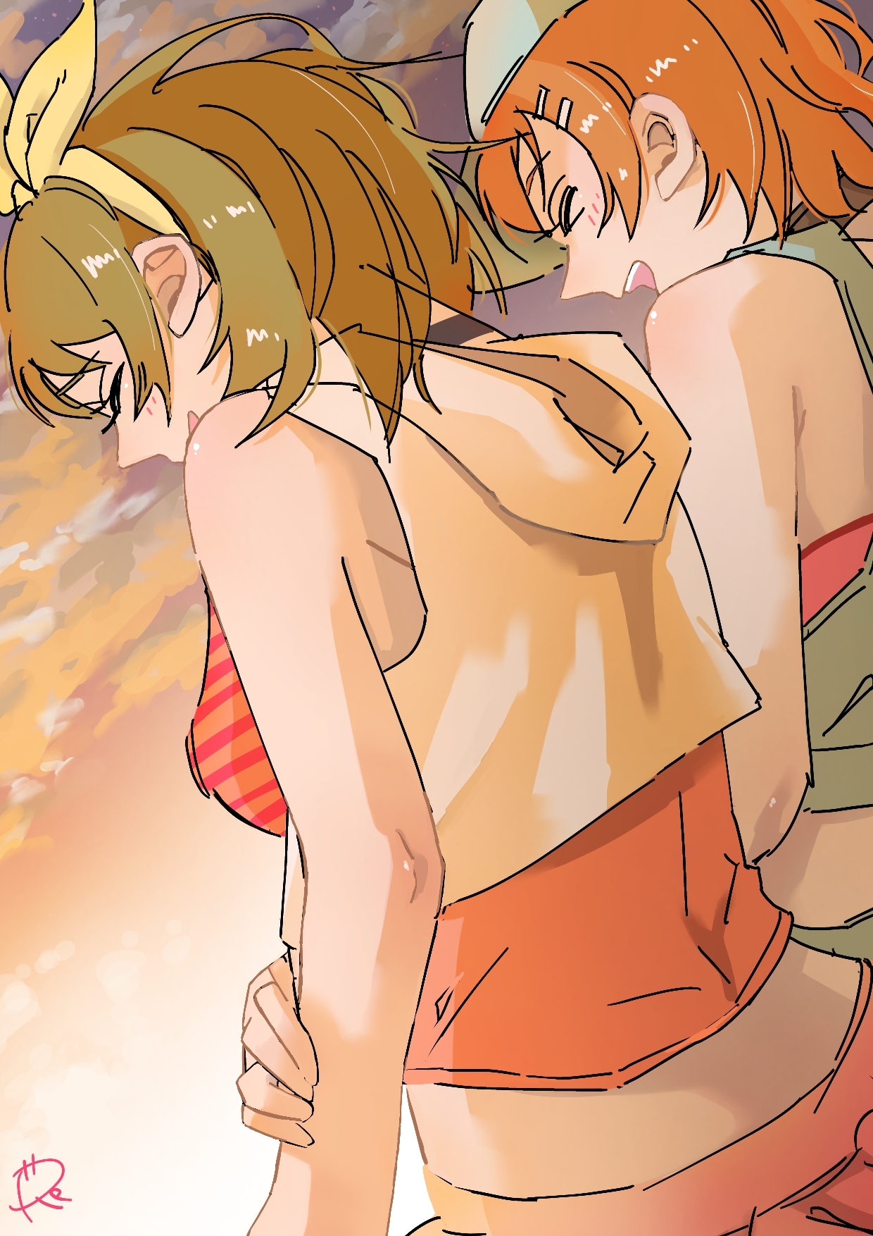 surfacedxxc, hoshizora rin, koizumi hanayo, love live!, love live! school idol project, commentary request, highres, 2girls, bare arms, blush, brown hair, closed eyes, hood, hoodie, multiple girls, open mouth, orange hair, orange shirt, outdoors, shirt, short hair, sleeveless, sleeveless hoodie, smile, sunset, white hoodie
