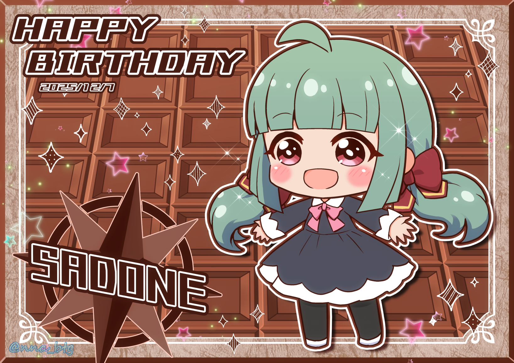 nna btg, sadone, battle girl high school, commentary request, highres, 1girl, ahoge, black dress, black pantyhose, blunt bangs, blush, border, bow, brown border, chibi, chibi only, chocolate, dated, dress, full body, green hair, happy birthday, long hair, open mouth, outline, outstretched arms, pantyhose, pink bow, solo, sparkle, spread arms, white outline