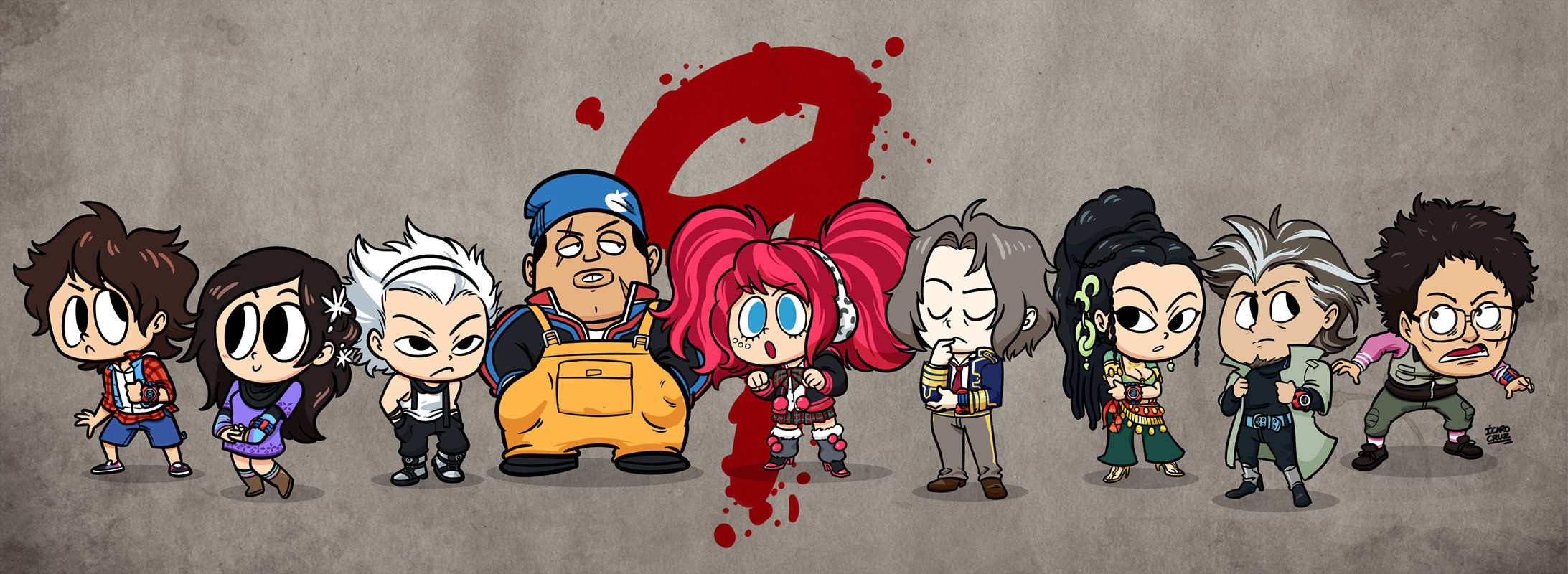 ikarokruz, ichimiya (kyokugen dasshutsu), junpei (kyokugen dasshutsu), kurashiki akane, nakano yotsuba, niels (kyokugen dasshutsu), ninth man (kyokugen dasshutsu), santa (kyokugen dasshutsu), seven (kyokugen dasshutsu), yashiro (kyokugen dasshutsu), kyokugen dasshutsu, kyokugen dasshutsu: 9 jikan 9 nin 9 no tobira, commentary, english commentary, highres, 3girls, 5boys, :<, adjusting jacket, aqua belt, aqua eyes, aqua vest, belt, black eyes, black hair, black jacket, black pants, black shirt, black shoes, blue jacket, blue shorts, boots, bow, breasts, brown boots, brown hair, brown shoes, chibi, chibi only, cleavage, clenched hand, closed eyes, closed mouth, crossed arms, drawstring, dress, earmuffs, eyelashes, facial hair, facial mark, facial scar, flannel, flower, full body, glasses, goatee, green pants, grey background, grey boots, grey hair, grey jacket, grey leg warmers, grey pants, grey socks, grey vest, hair flower, hair intakes, hair ornament, hand on own chin, hands in pockets, high heels, hood, hoodie, jacket, leg warmers, lips, long hair, long sleeves, lower teeth only, mature male, multicolored hair, multiple boys, multiple girls, necktie, open clothes, open jacket, open mouth, open vest, overalls, own hands together, pants, pink hair, pink shirt, plaid bow, plaid clothes, plaid skirt, pom pom (clothes), pom pom drawstring, ponytail, purple dress, red hair, red necktie, red shirt, red shoes, scar, scar across eye, scar on cheek, scar on face, scared, shirt, shoes, short hair, shorts, signature, skirt, smile, socks, standing, teeth, toon (style), twintails, two-tone hair, vest, watch, white hair, white hoodie, white shirt, wristwatch, yellow overalls