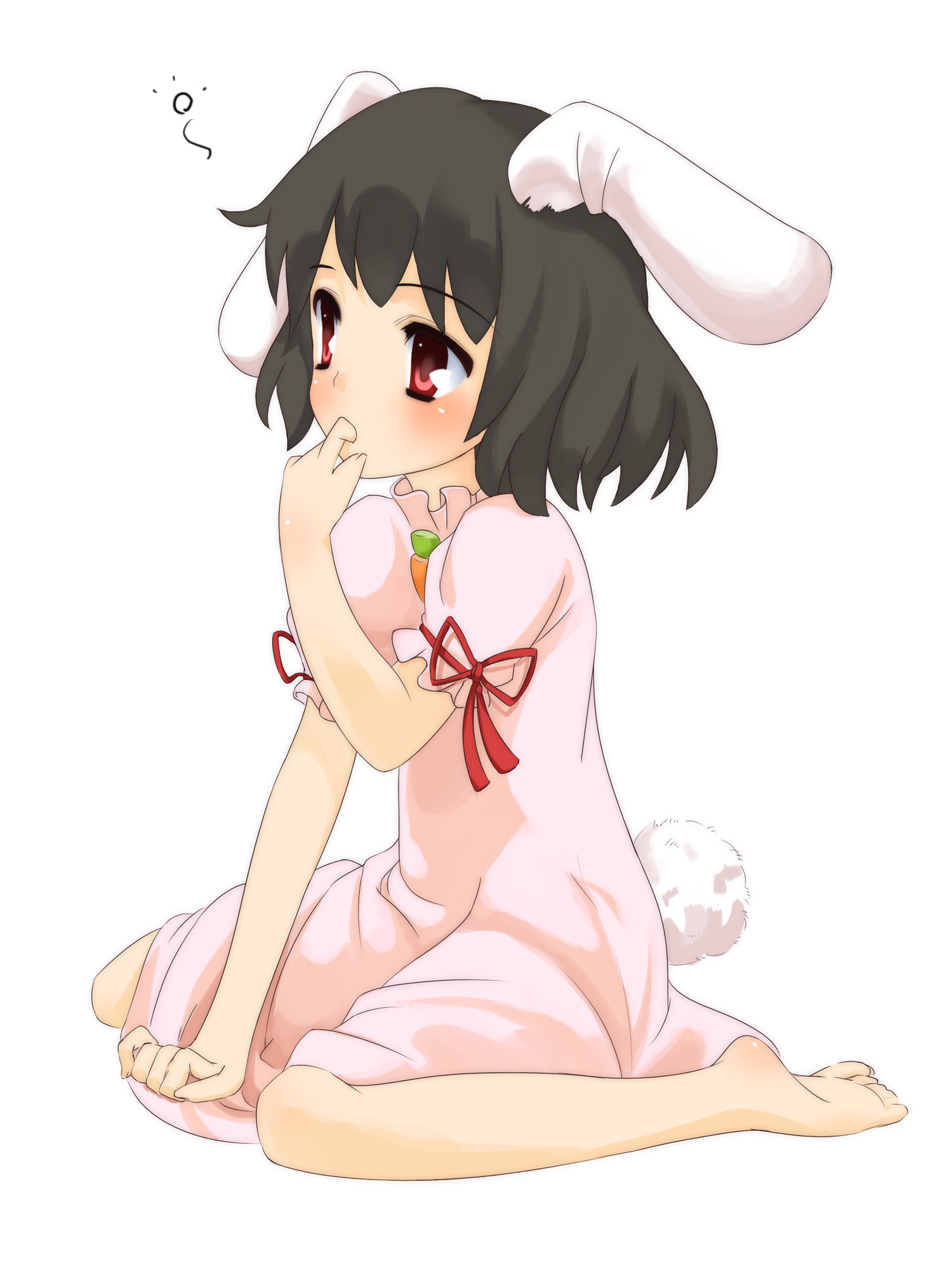 shouji ayumu, inaba mob (touhou), inaba tewi, team shanghai alice, touhou, highres, 1girl, animal ears, barefoot, black hair, female focus, finger in own mouth, full body, rabbit ears, rabbit girl, rabbit tail, red eyes, short hair, simple background, sitting, solo, tail, thinking, wariza
