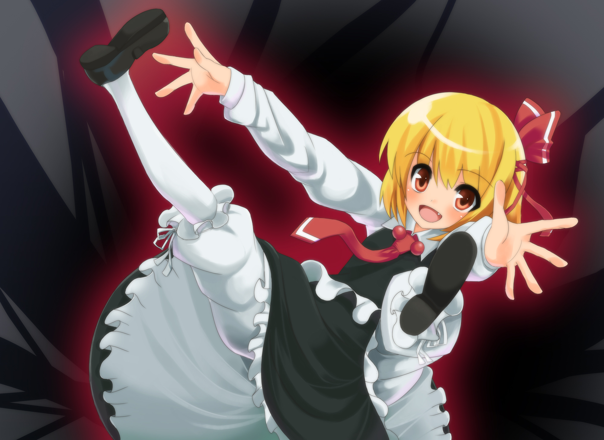 shouji ayumu, rumia, embodiment of scarlet devil, team shanghai alice, touhou, highres, 1girl, :d, blonde hair, bloomers, fang, female focus, hair ribbon, necktie, open mouth, orange eyes, outstretched arms, pantyhose, red eyes, red necktie, ribbon, short hair, smile, solo, spread arms, underwear, white pantyhose